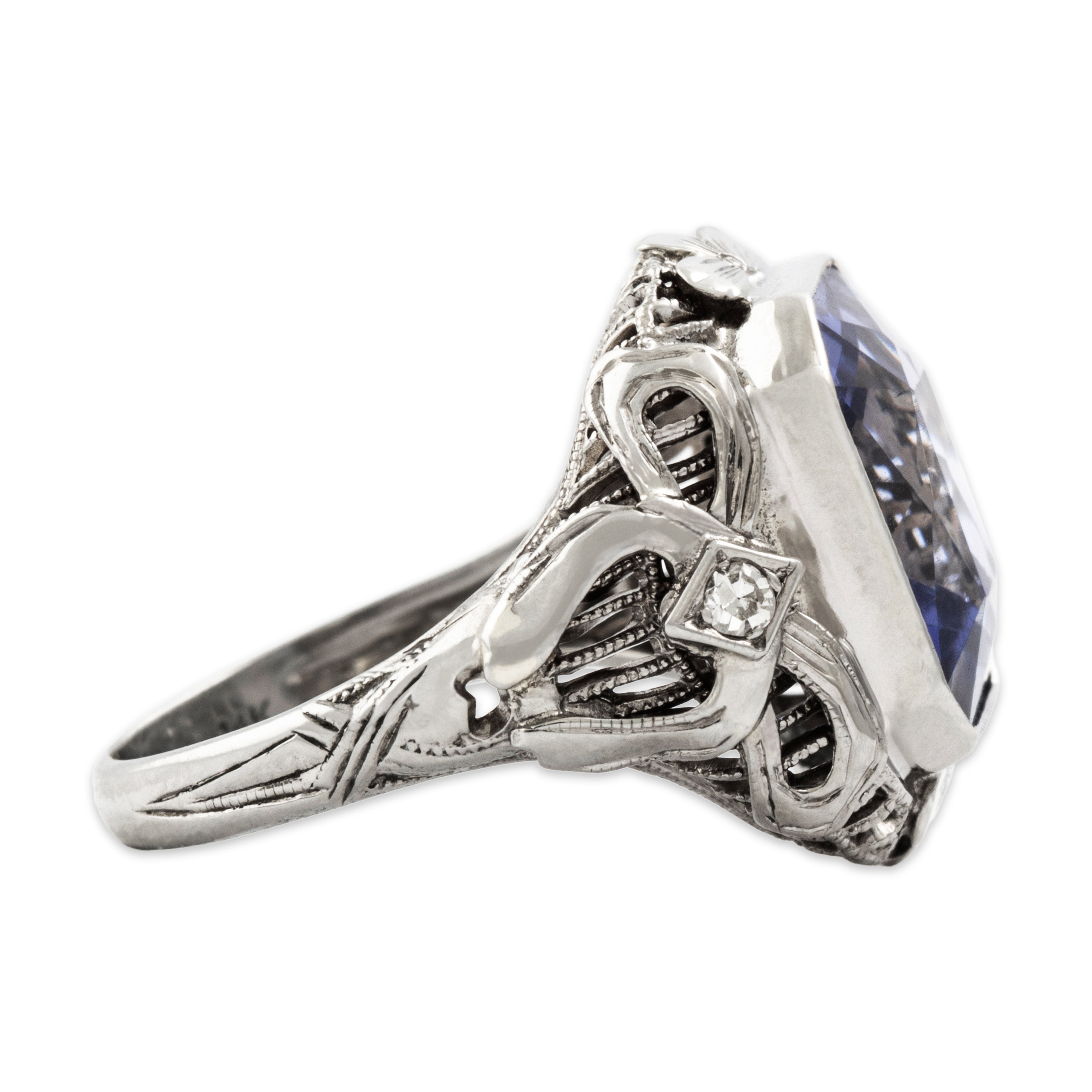 Antique 14k White Gold 7.8ct Synthetic Sapphire Natural Diamond Bow Ring - Side view