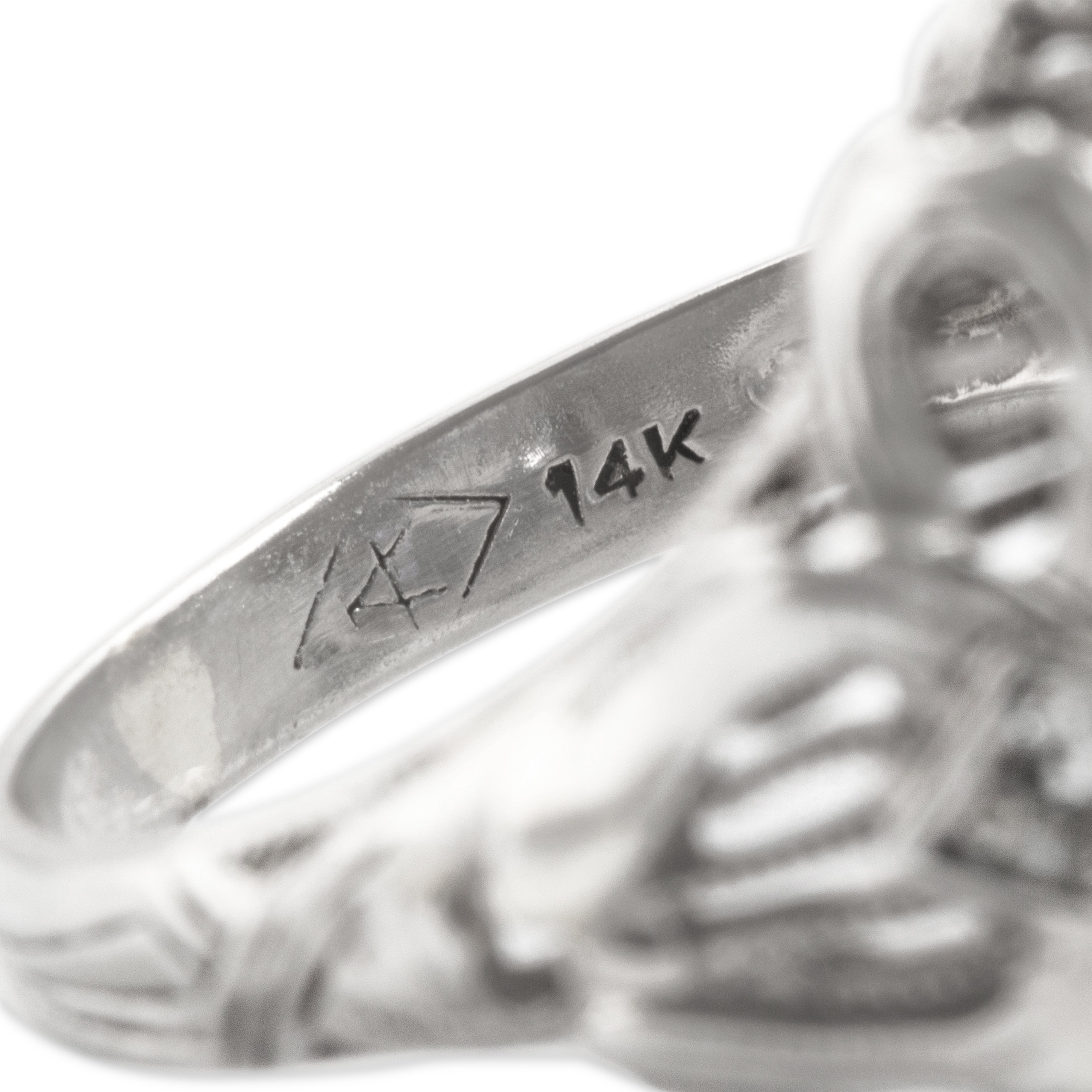 Antique 14k White Gold 7.8ct Synthetic Sapphire Natural Diamond Bow Ring - Hallmark view