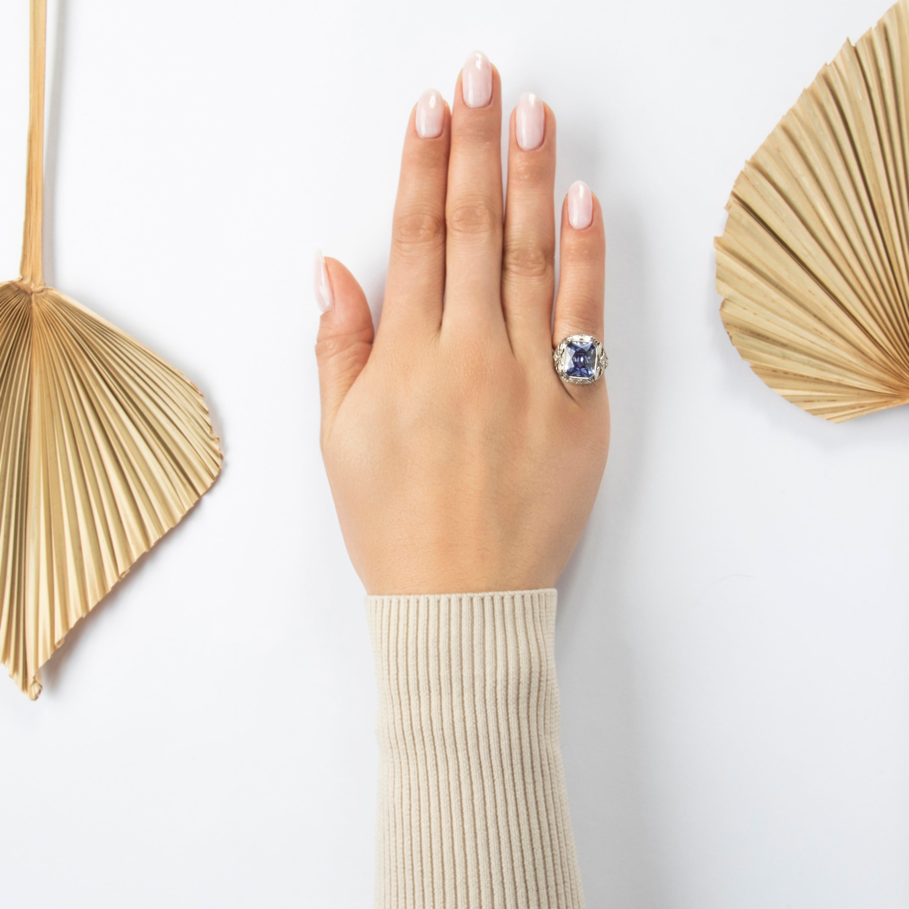 Antique 14k White Gold 7.8ct Synthetic Sapphire Natural Diamond Bow Ring - On model view