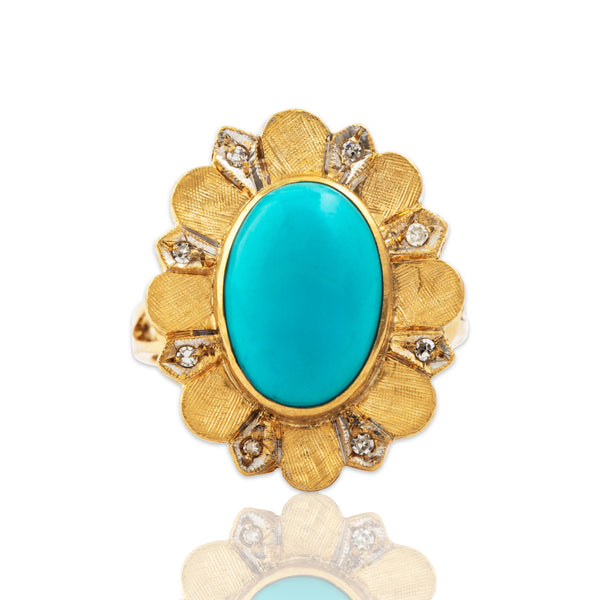 Vintage Italian Large 18k Yellow Gold 4.5ct Turquoise Diamond Floral Ring 7.00