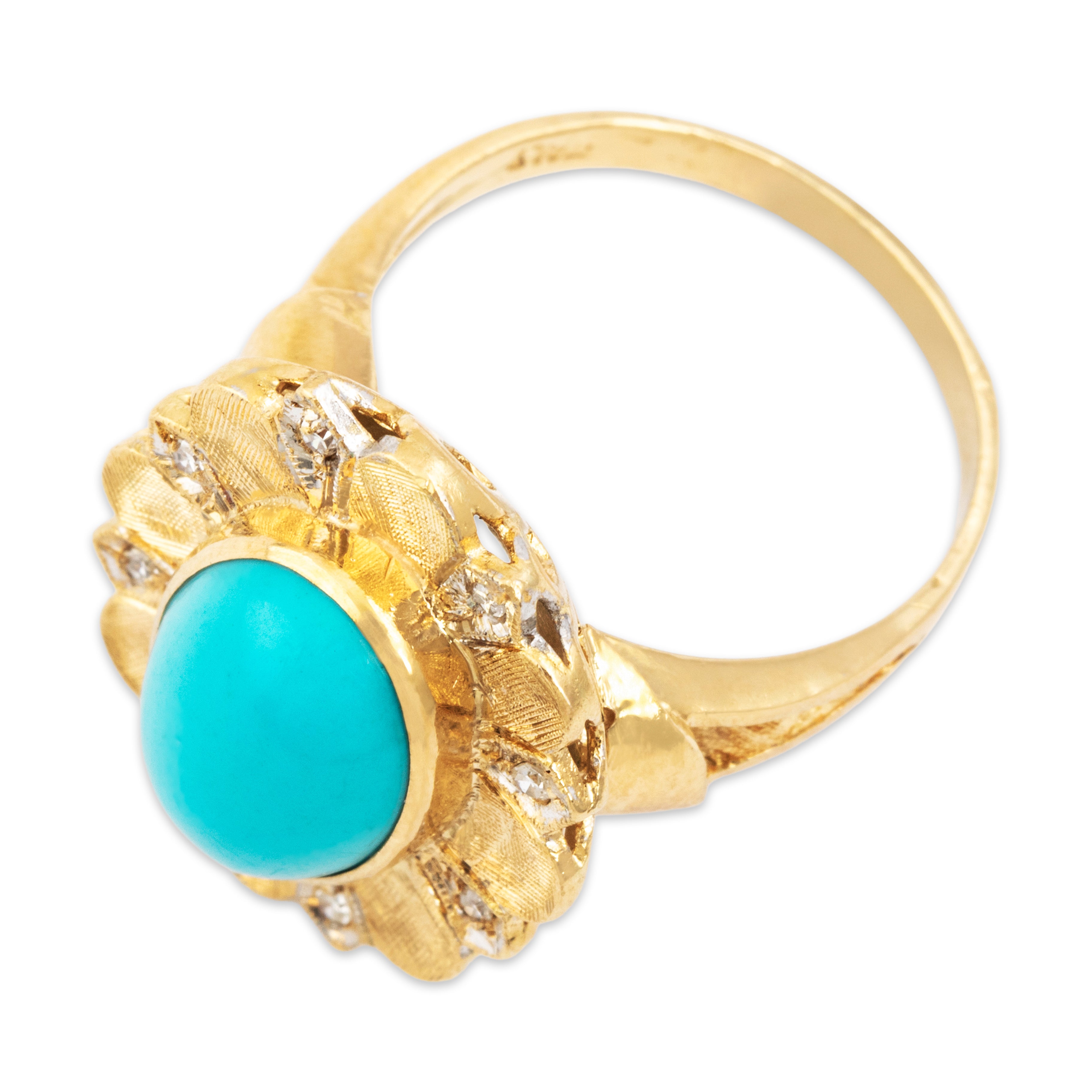 Vintage Italian Large 18k Yellow Gold 4.5ct Turquoise Diamond Floral Ring - Overall view