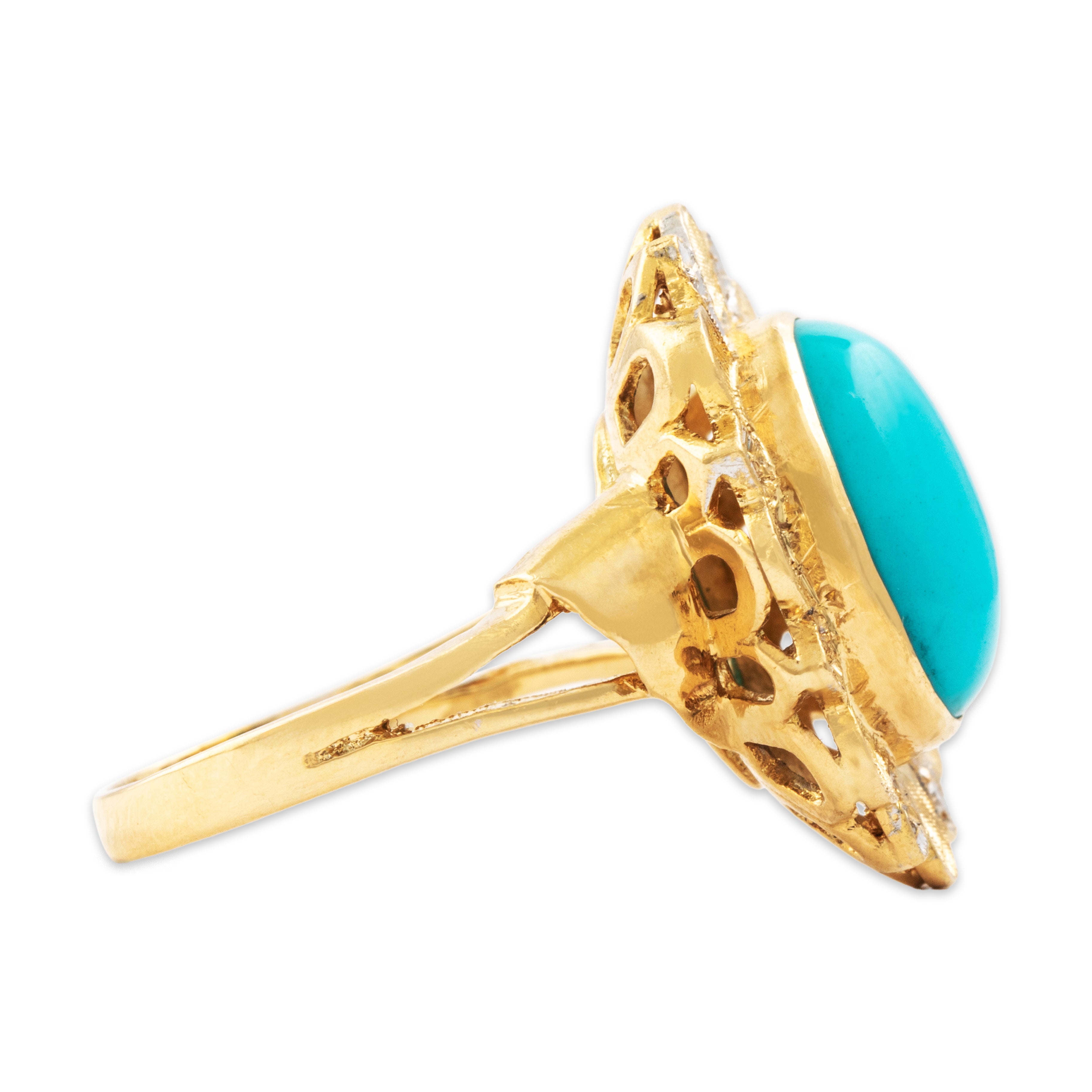 Vintage Italian Large 18k Yellow Gold 4.5ct Turquoise Diamond Floral Ring - Side view
