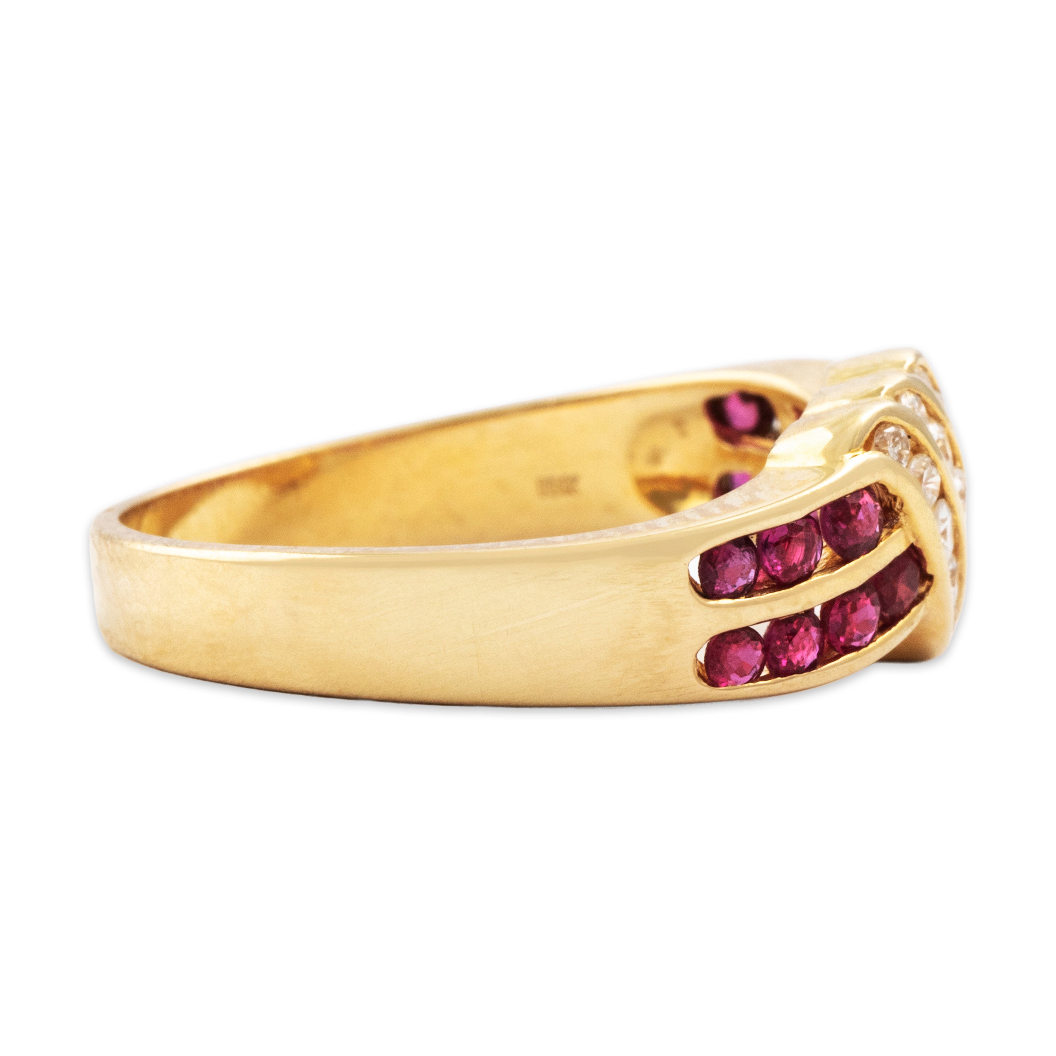 Vintage 18k Yellow Gold Ruby Diamond Elegant Wavy Knot Ring  - Side view