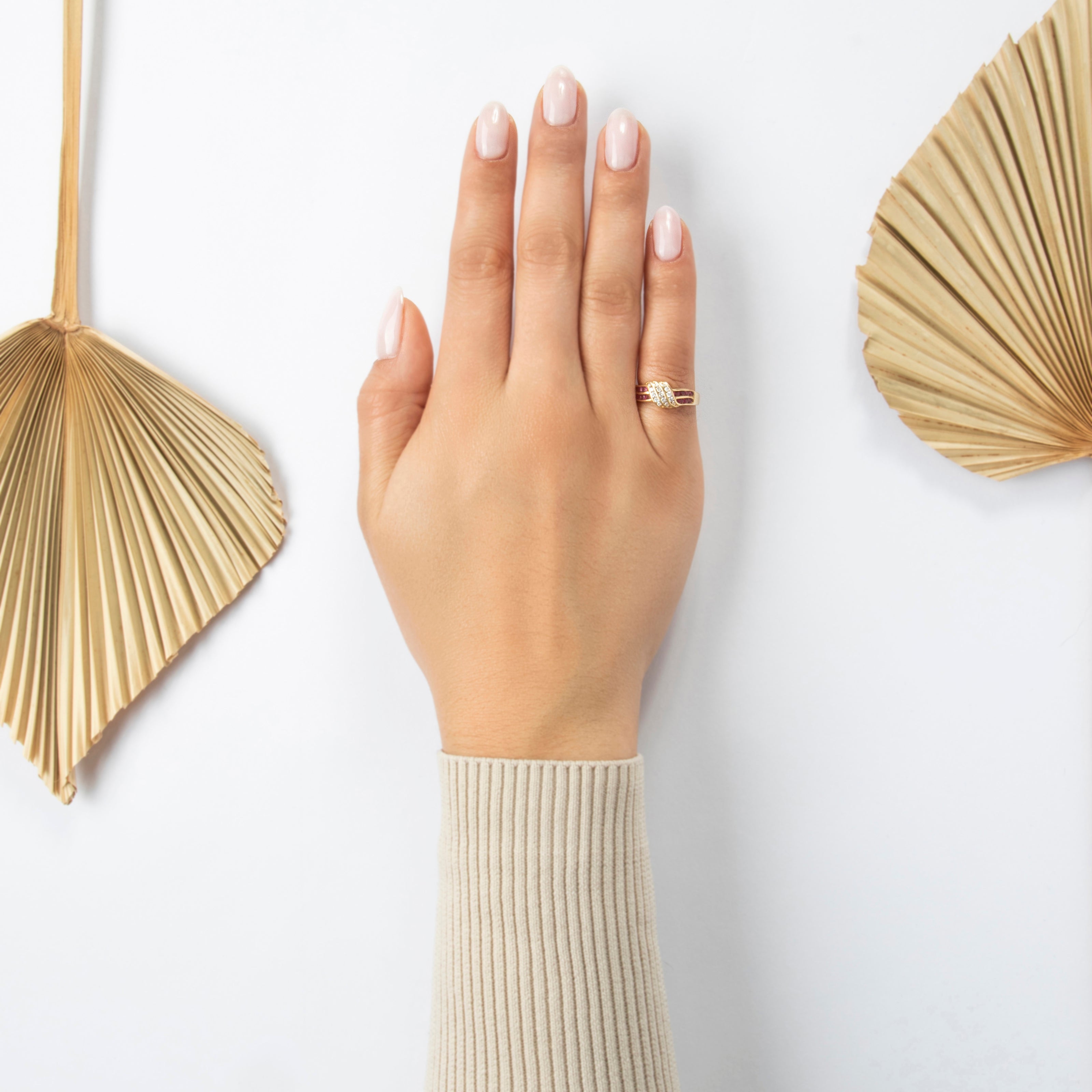 Vintage 18k Yellow Gold Ruby Diamond Elegant Wavy Knot Ring  - On model view