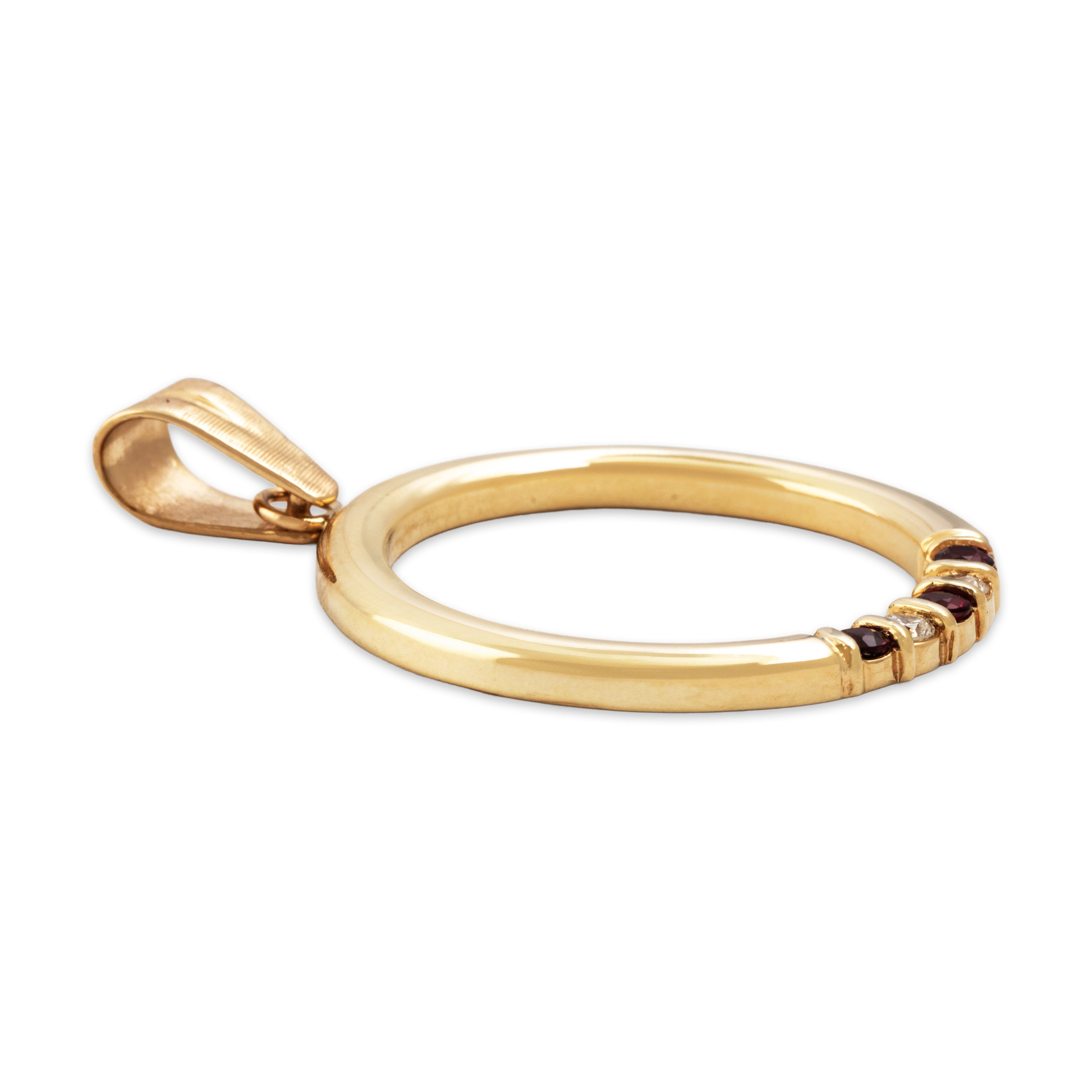 Vintage Large 14k Yellow Gold Ruby Diamond Pretty Circle Statement Pendant - Side view