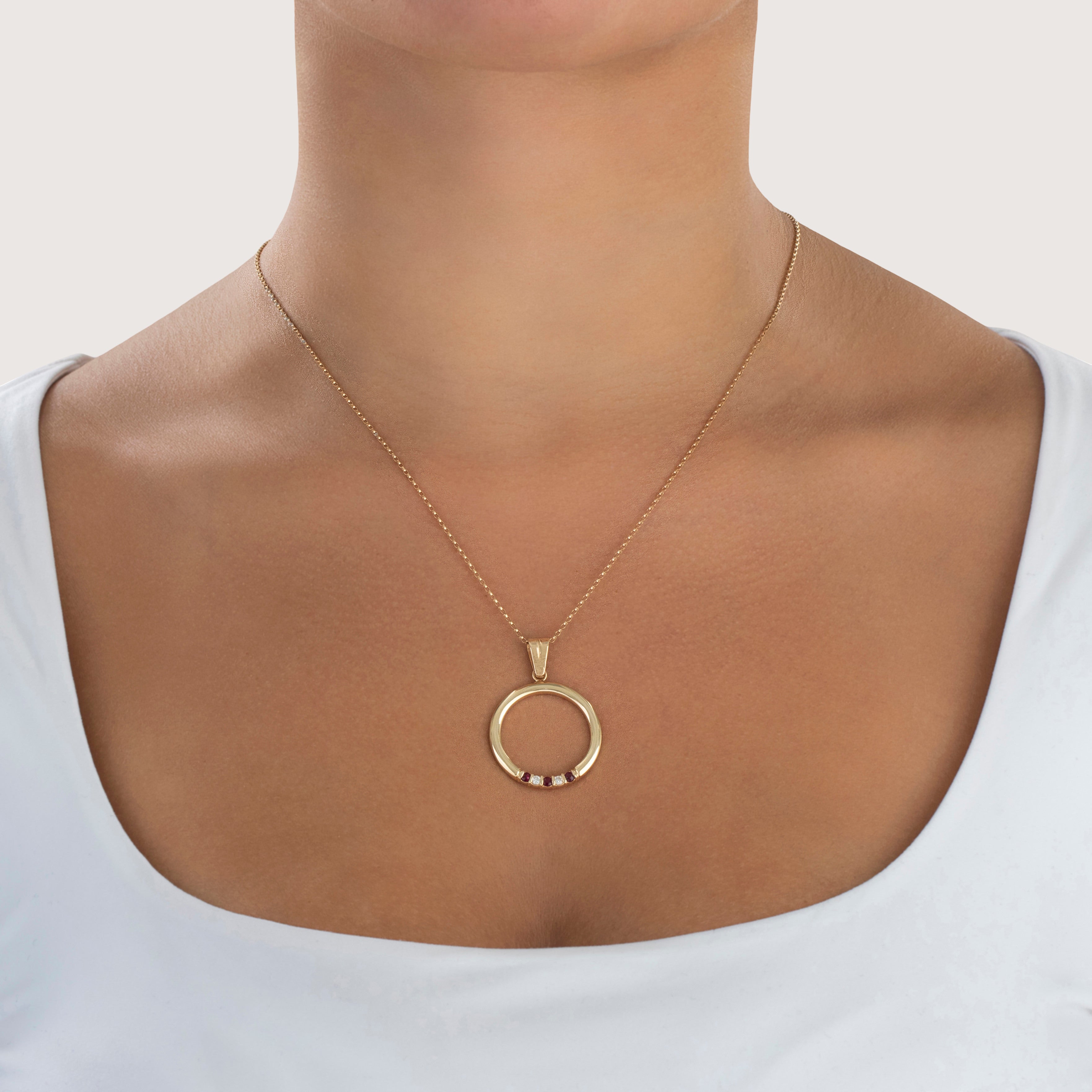 Vintage Large 14k Yellow Gold Ruby Diamond Pretty Circle Statement Pendant - On model view