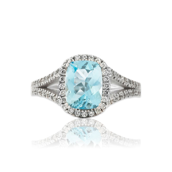 Vintage 18k White Gold 1.5ct Aquamarine Diamond Pavé Halo Ring 6.75
