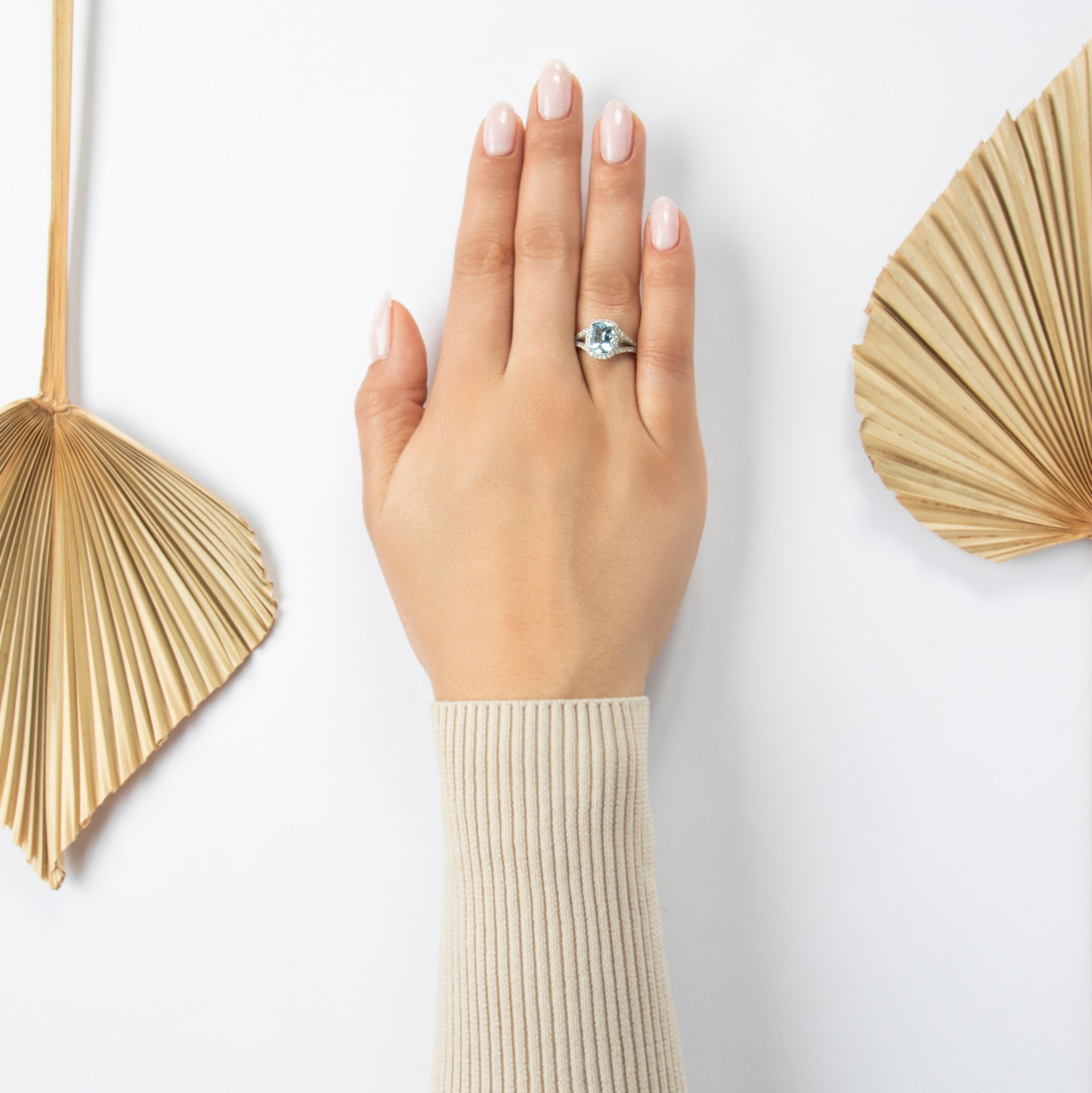 Vintage 18k White Gold 1.5ct Aquamarine Diamond Brilliant Halo Ring - On model view