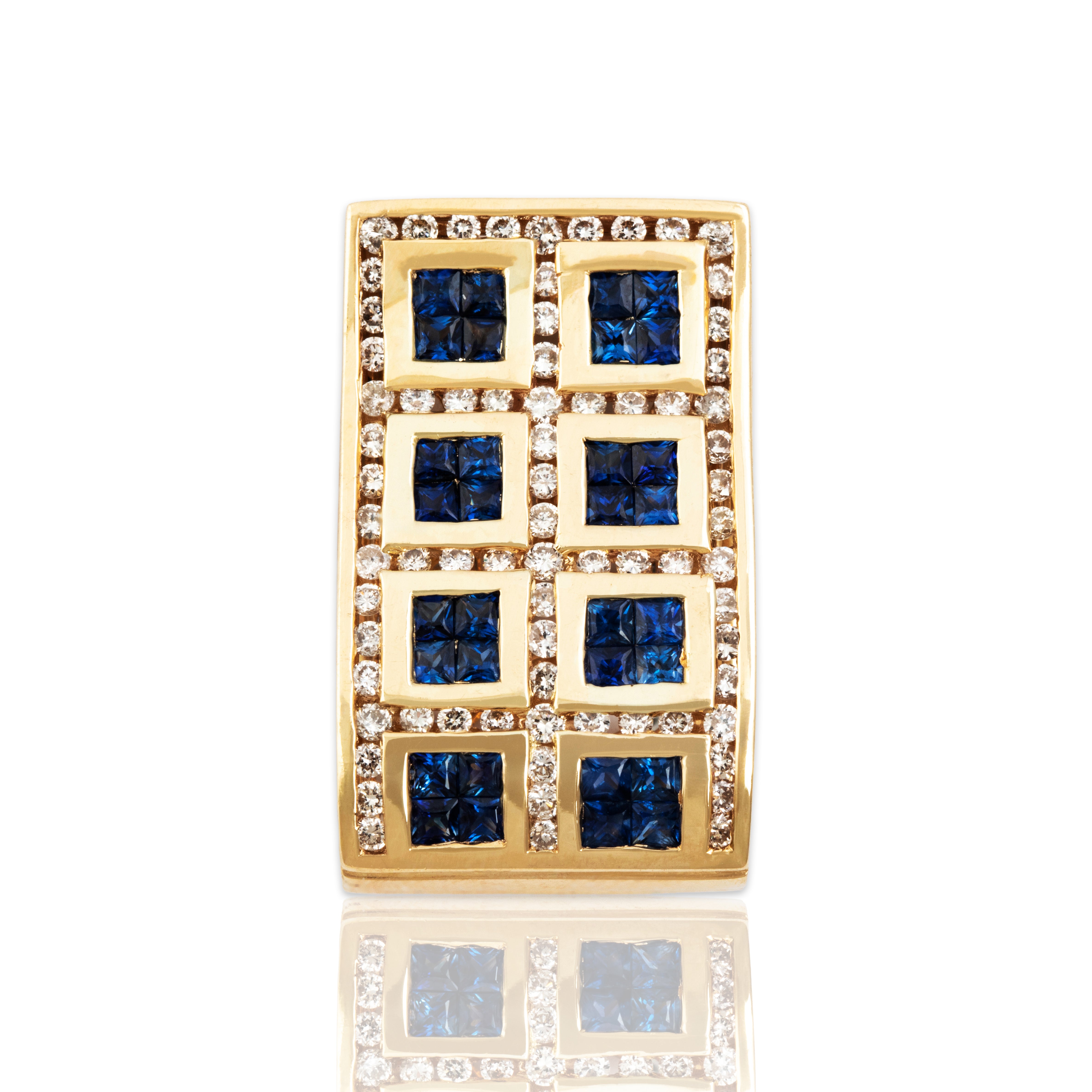 Vintage 14k Yellow Gold 1cttw Sapphire .736cttw Diamond Tiled Slide Pendant - Close-up view