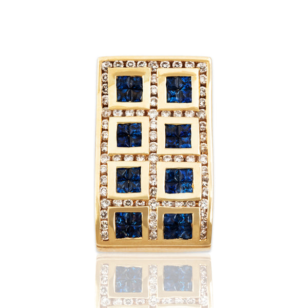 Vintage Large 14k Yellow Gold 1cttw Blue Sapphire .736cttw Diamond Tile Pendant