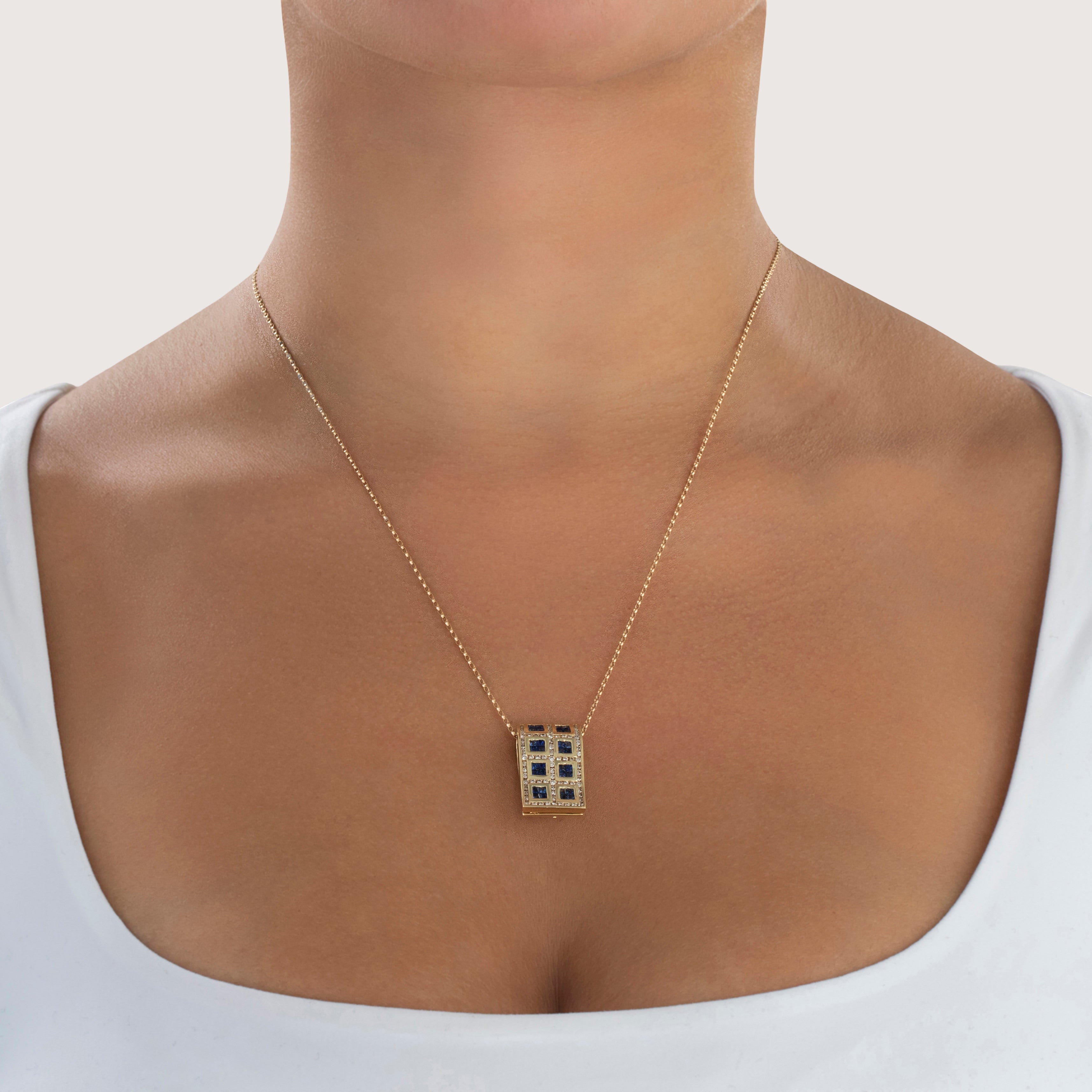 Vintage 14k Yellow Gold 1cttw Sapphire .736cttw Diamond Tiled Slide Pendant - On model view