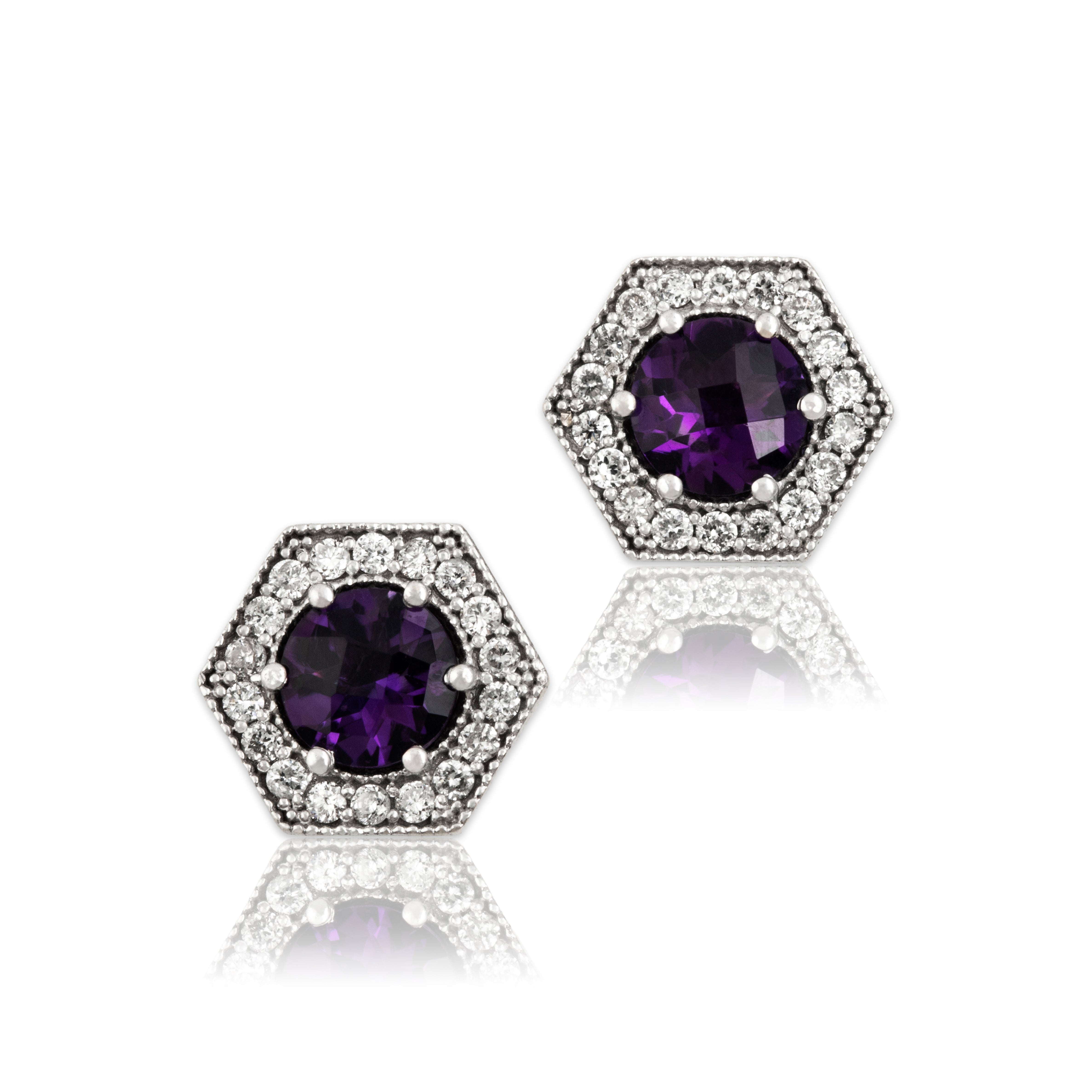 Vintage 14k White Gold Amethyst Diamond Glittering Hexagonal Stud Earrings - Close-up view