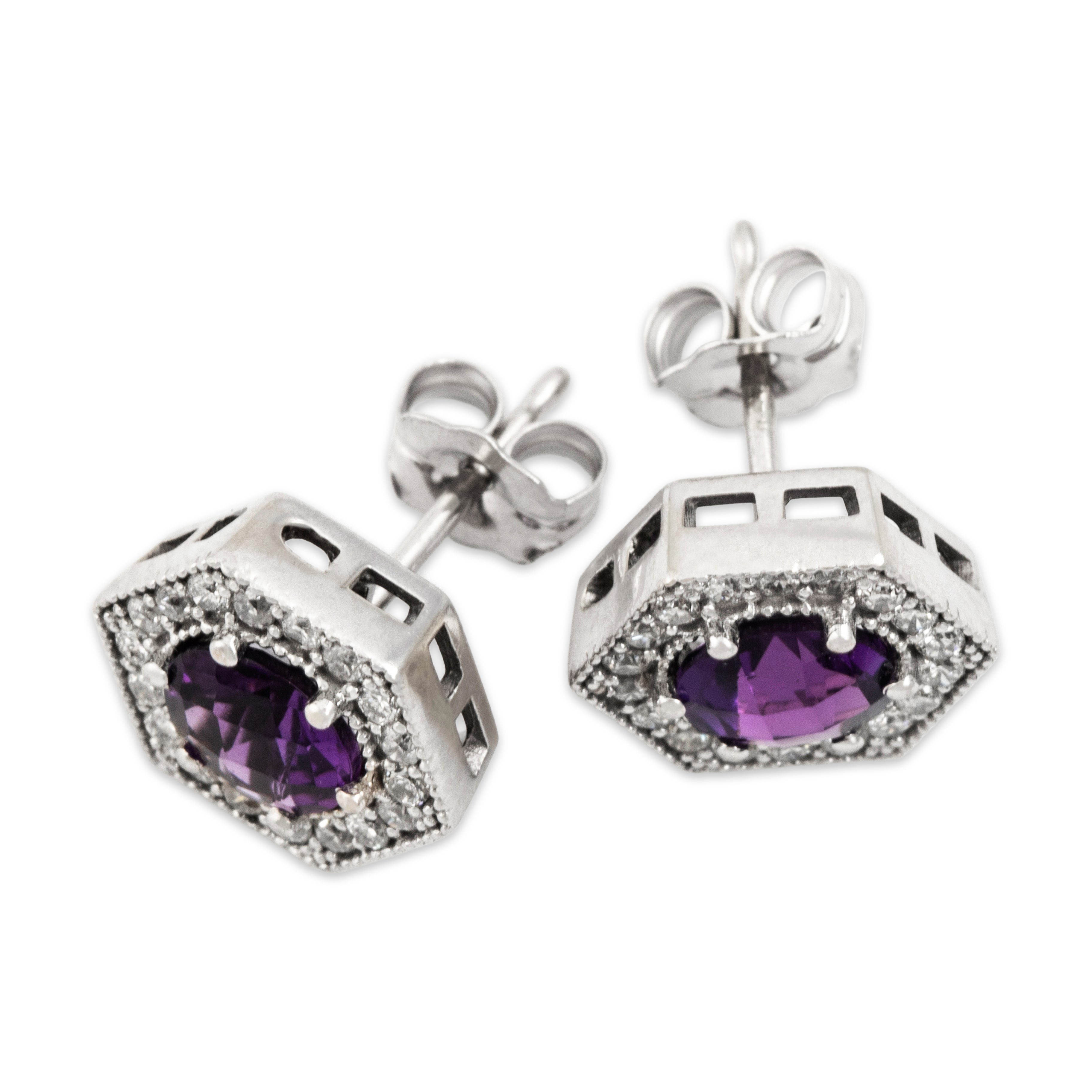 Vintage 14k White Gold Amethyst Diamond Glittering Hexagonal Stud Earrings - Overall view