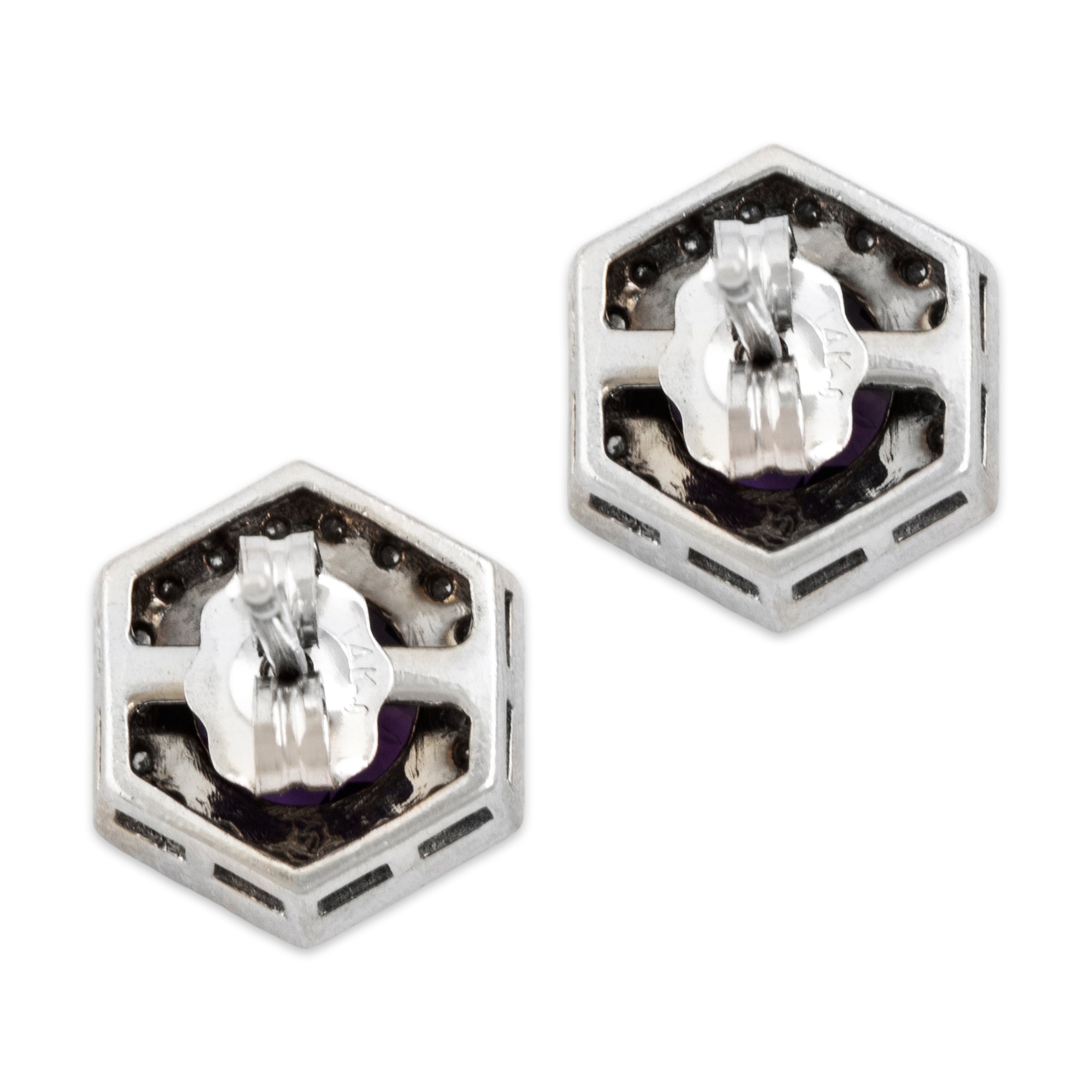 Vintage 14k White Gold Amethyst Diamond Glittering Hexagonal Stud Earrings - Back view
