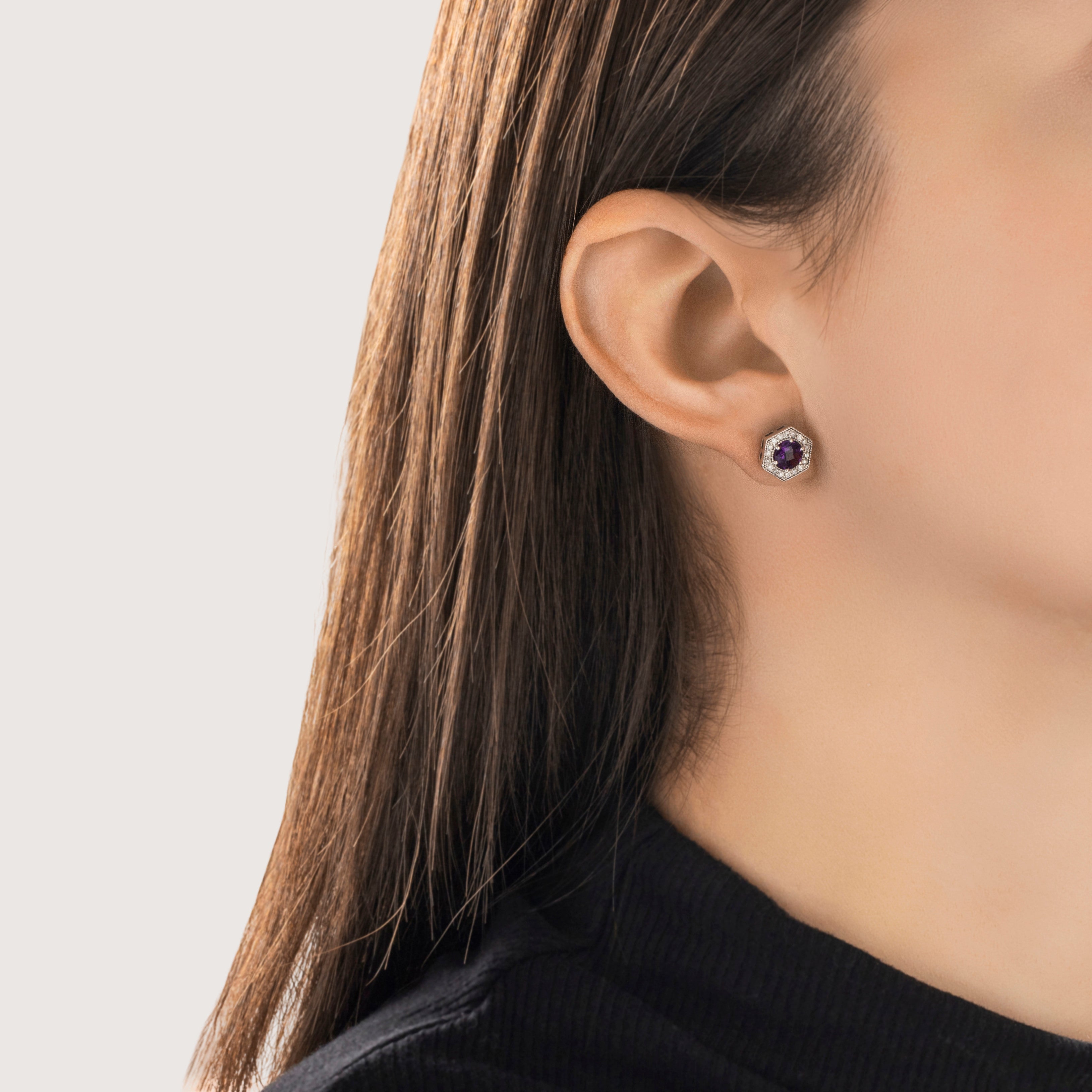 Vintage 14k White Gold Amethyst Diamond Glittering Hexagonal Stud Earrings - On model view