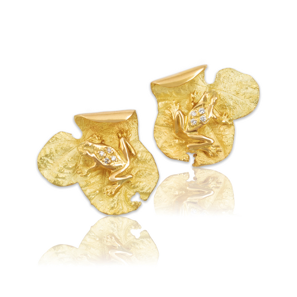 Vintage Large 18k Yellow Gold Diamond Delightful Frog & Lily Pad Earrings