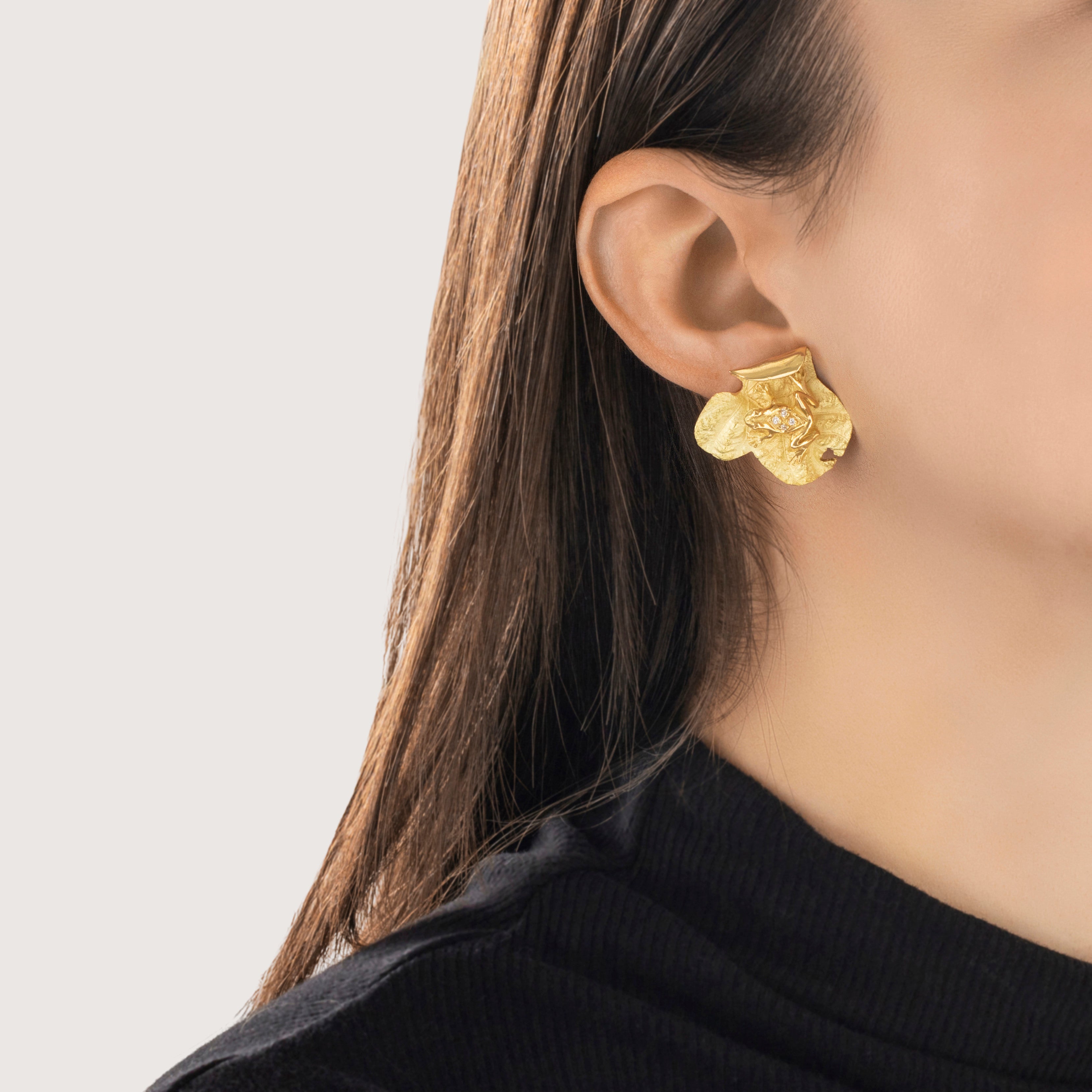 Vintage Large 18k Yellow Gold Diamond Wonderful Frog Lily Pad Earrings - On model view