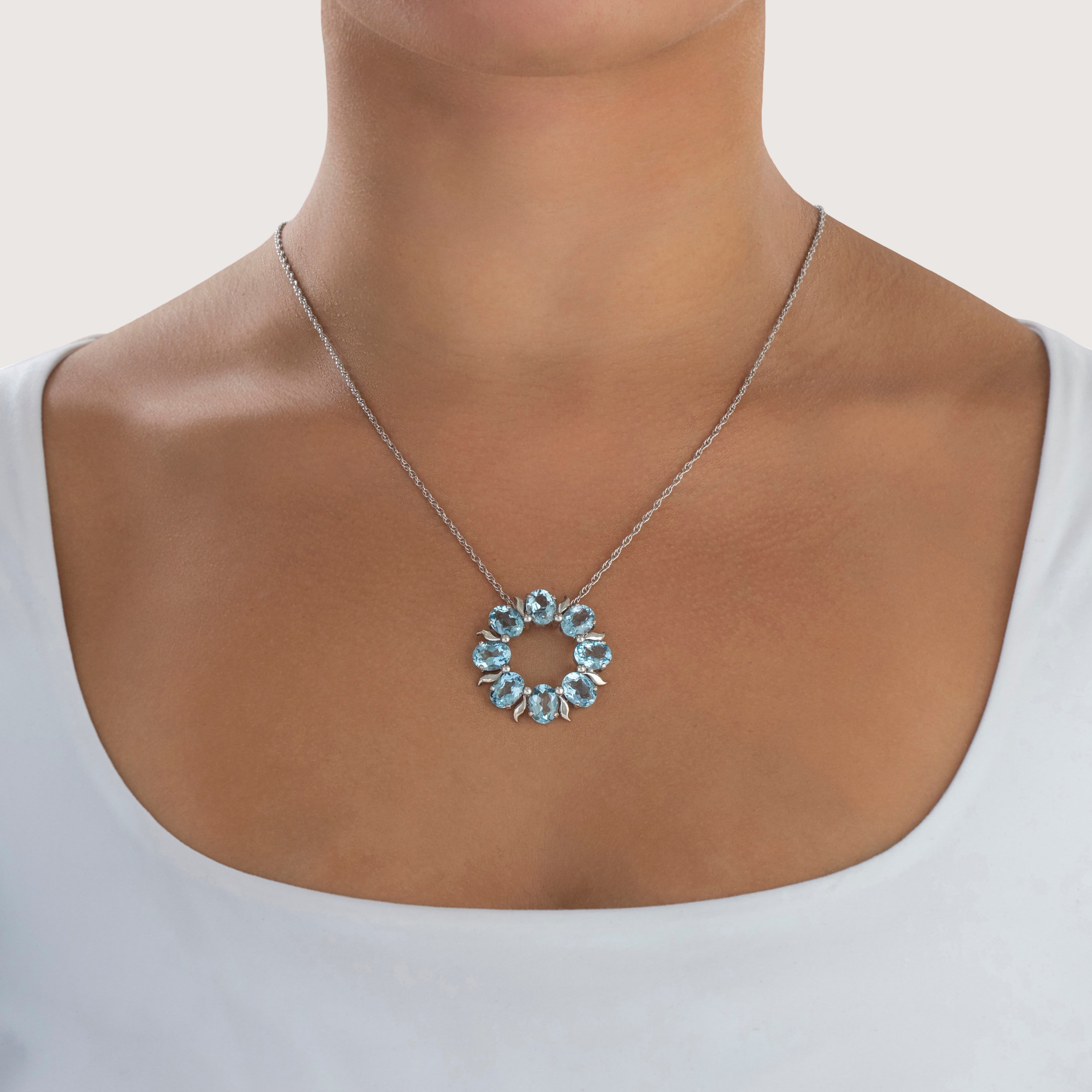 Vintage Large 14k White Gold 12.5cttw Aquamarine Sparkling Wreath Slide Pendant - On model view