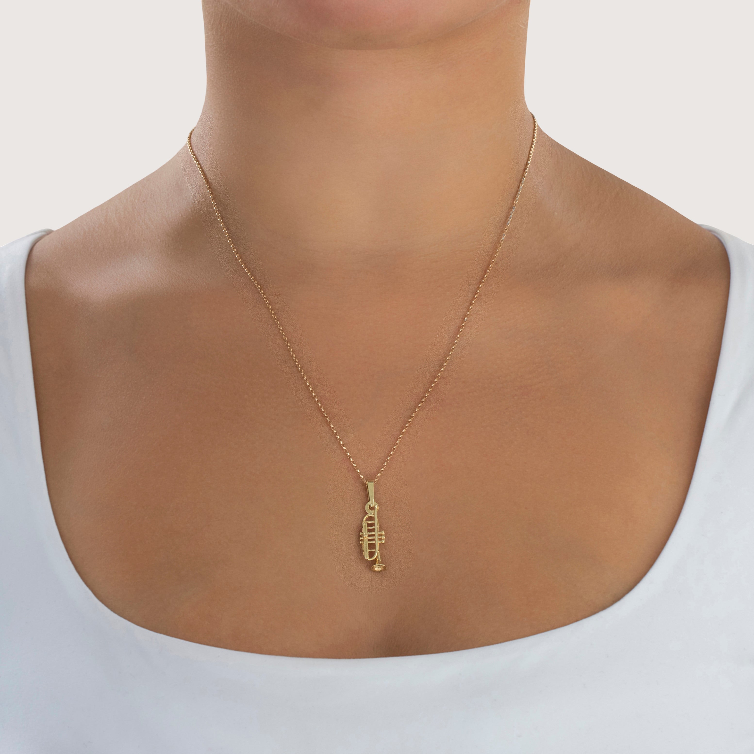 Vintage Italian 14k Yellow Gold Musical Trumpet Charm / Pendant - On model view