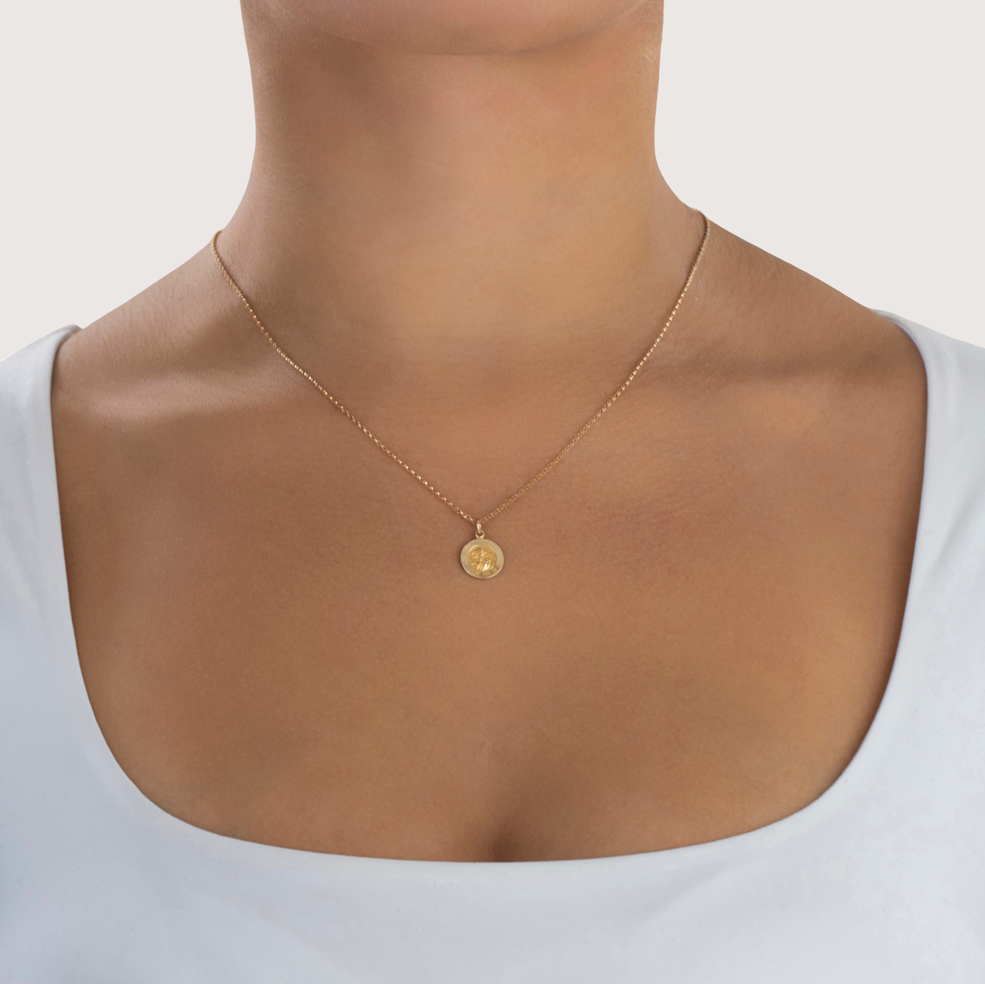 Vintage Small 14k Yellow Gold Saint Michael Medallion Charm / Pendant - On model view