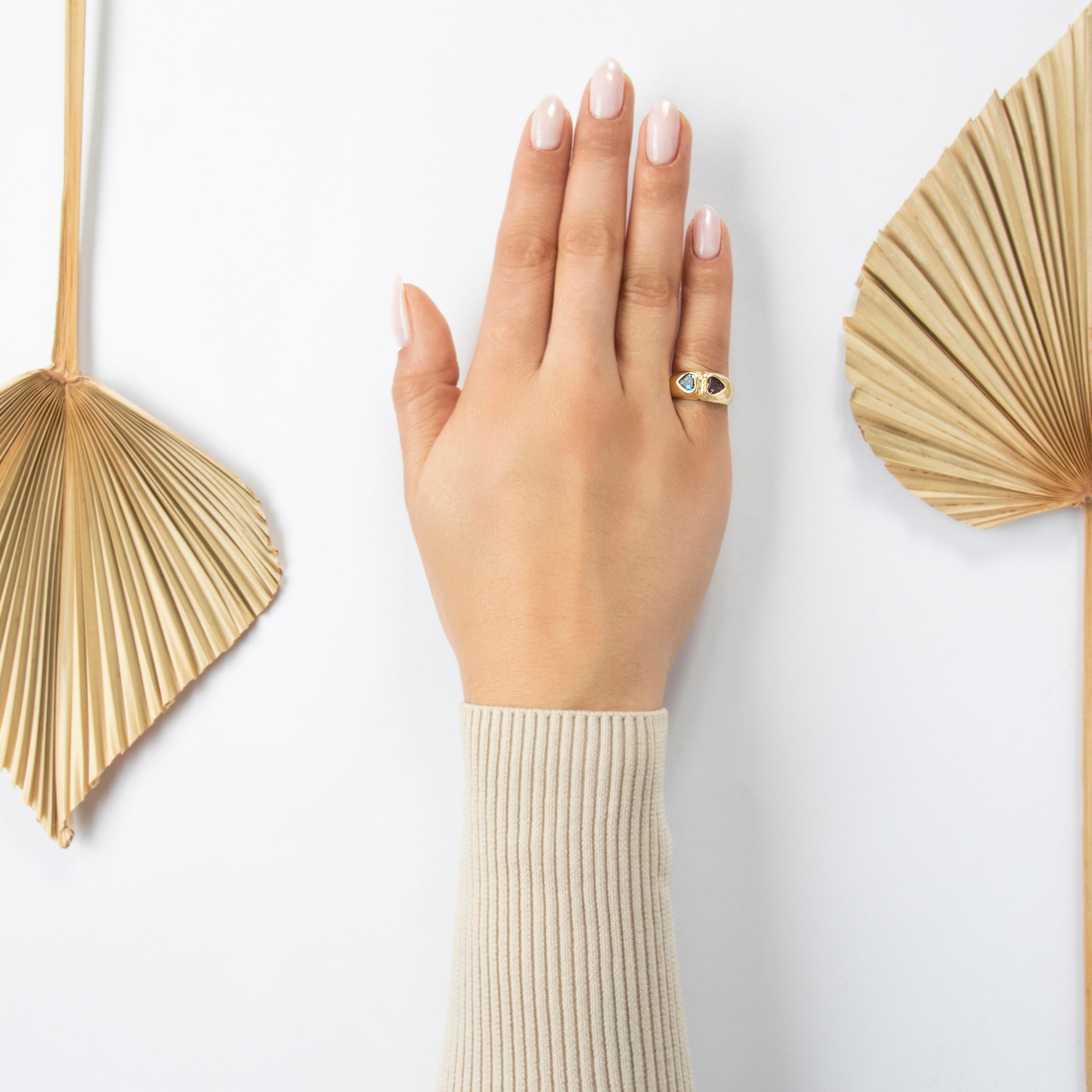 Vintage 14k Yellow Gold Blue Topaz Amethyst Bold Double Heart Band Ring - On model view