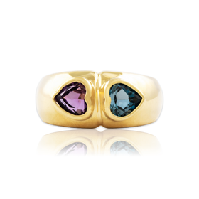 Vintage 14k Yellow Gold Blue Topaz Amethyst Bold Double Heart Ring 6.50