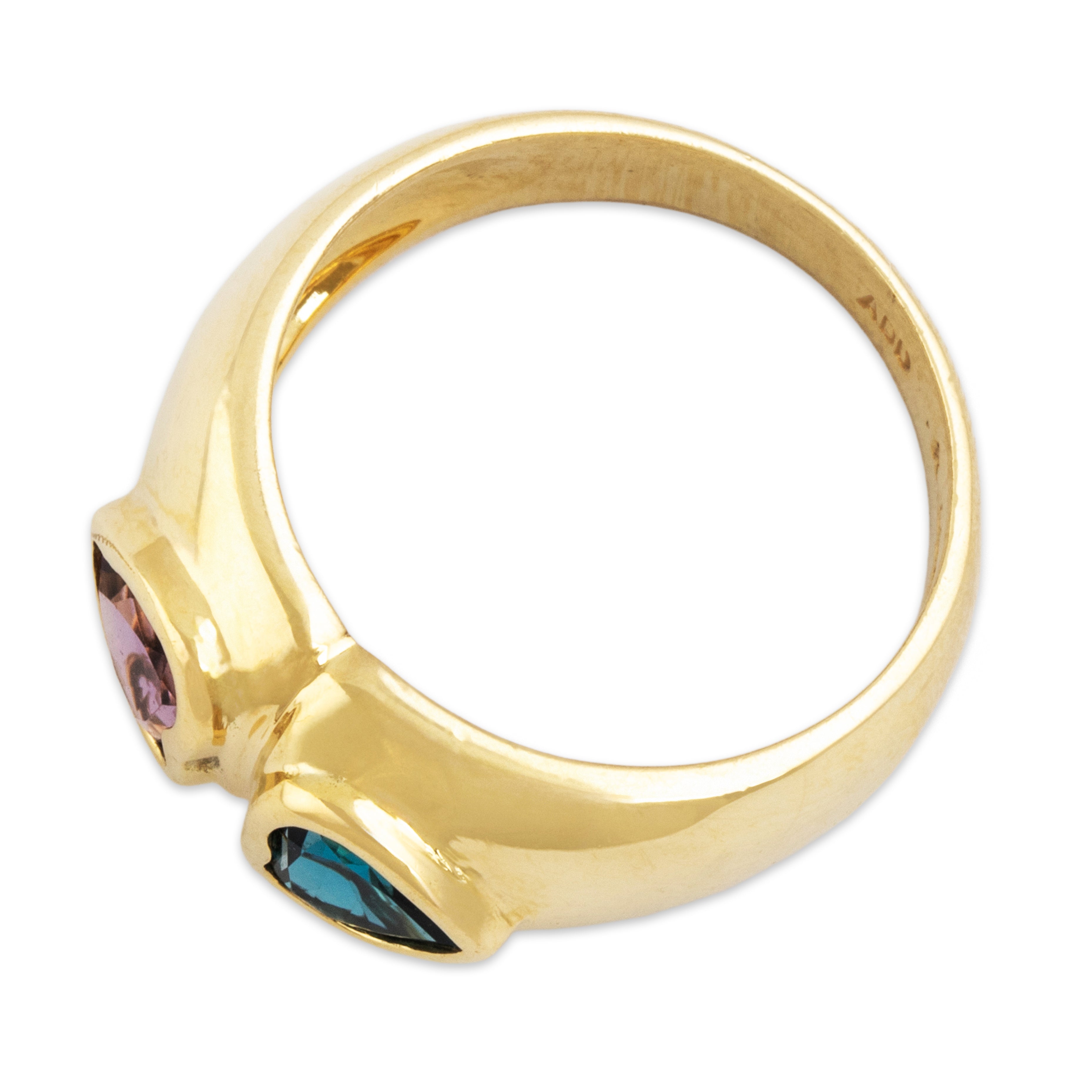 Vintage 14k Yellow Gold Blue Topaz Amethyst Bold Double Heart Band Ring - Overall view