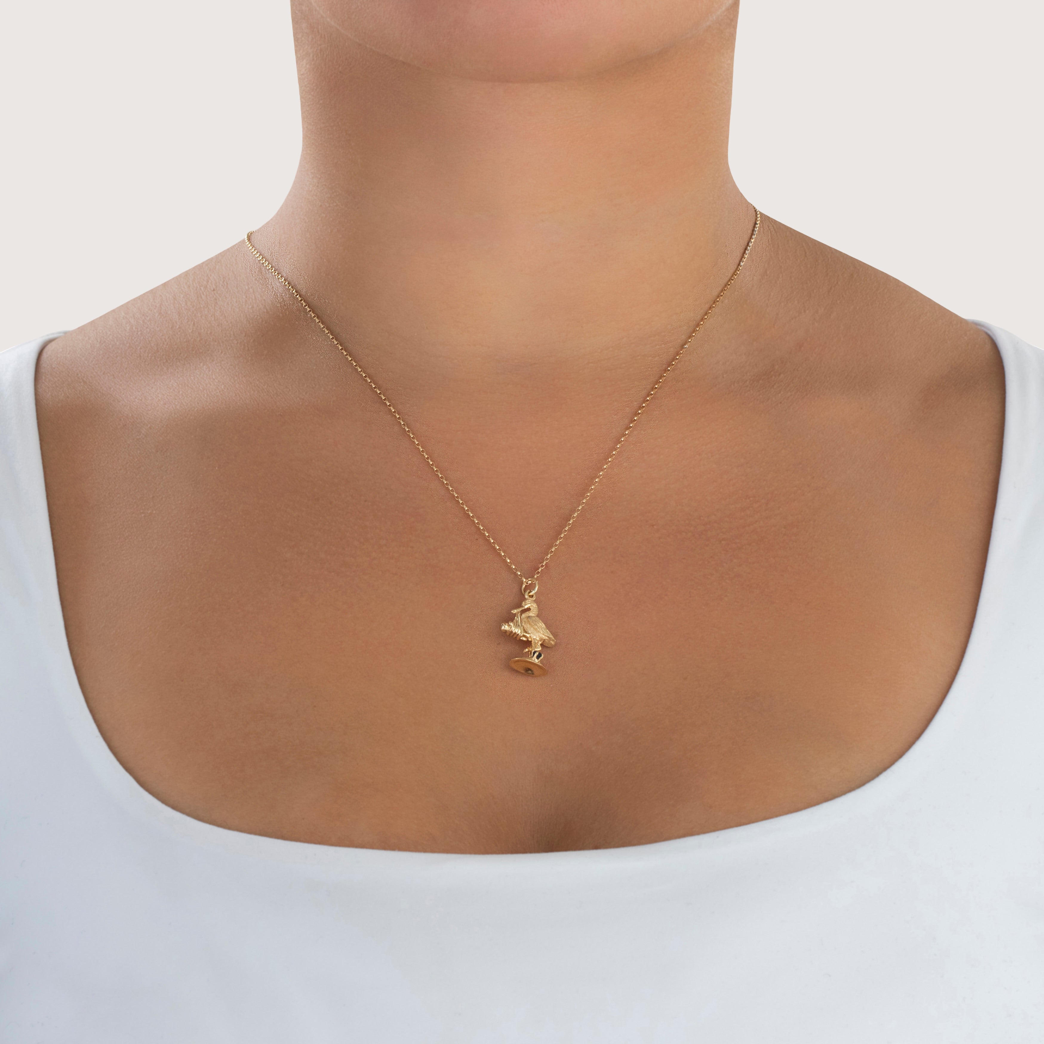 Vintage 14k Yellow Gold Blue Sapphire Ruby Stork With Baby Charm / Pendant - On model view