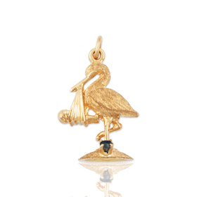 Vintage 14k Yellow Gold Blue Sapphire Ruby Stork With Baby Charm / Pendant