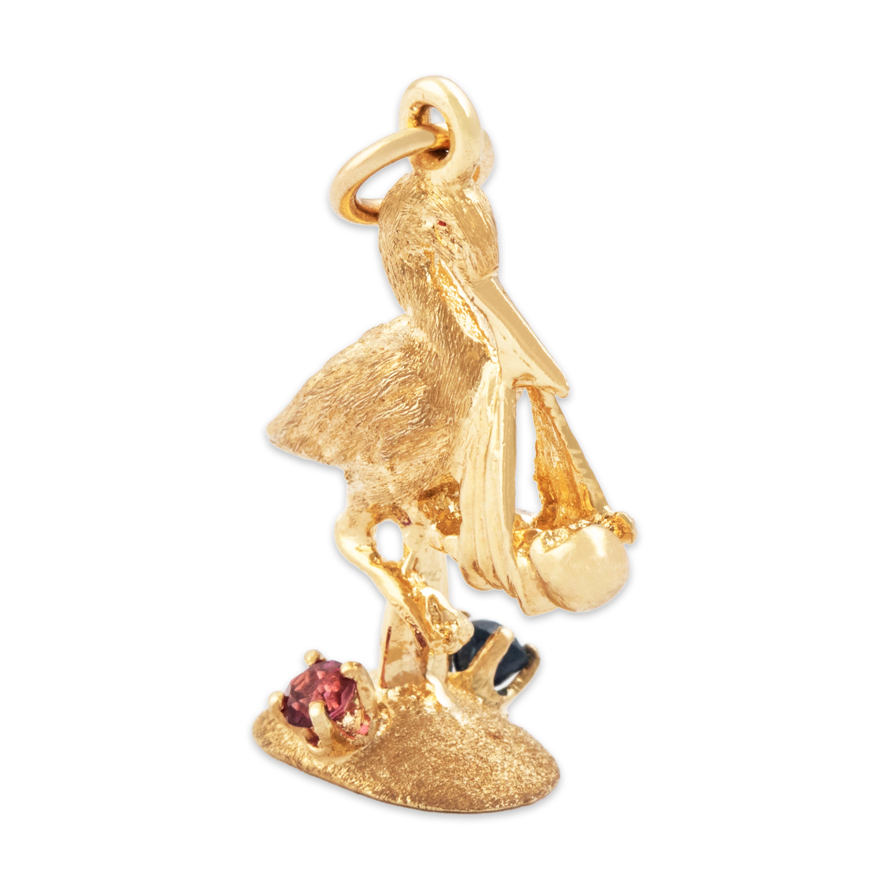 Vintage 14k Yellow Gold Blue Sapphire Ruby Stork With Baby Charm / Pendant - detail view #1