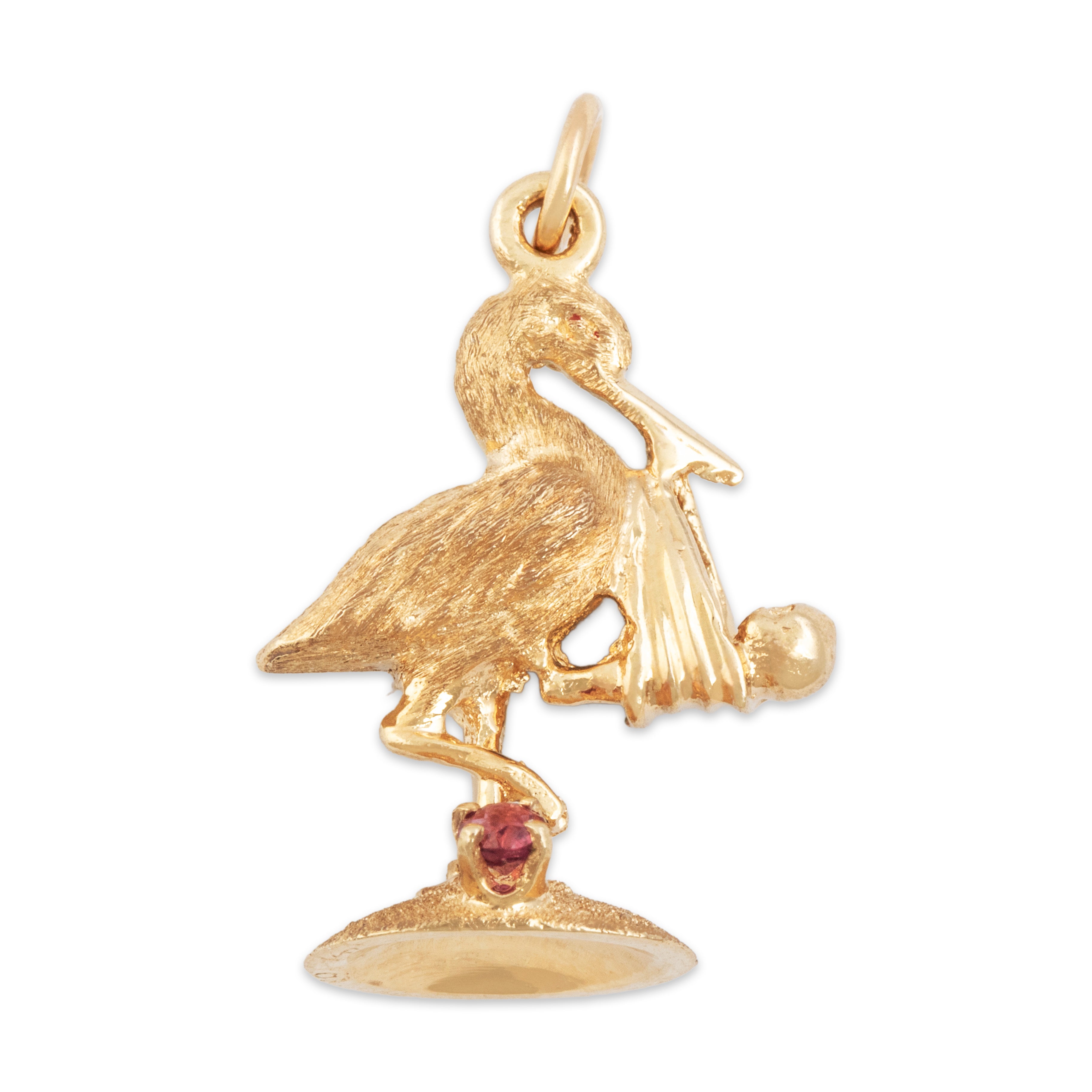 Vintage 14k Yellow Gold Blue Sapphire Ruby Stork With Baby Charm / Pendant - detail view #2