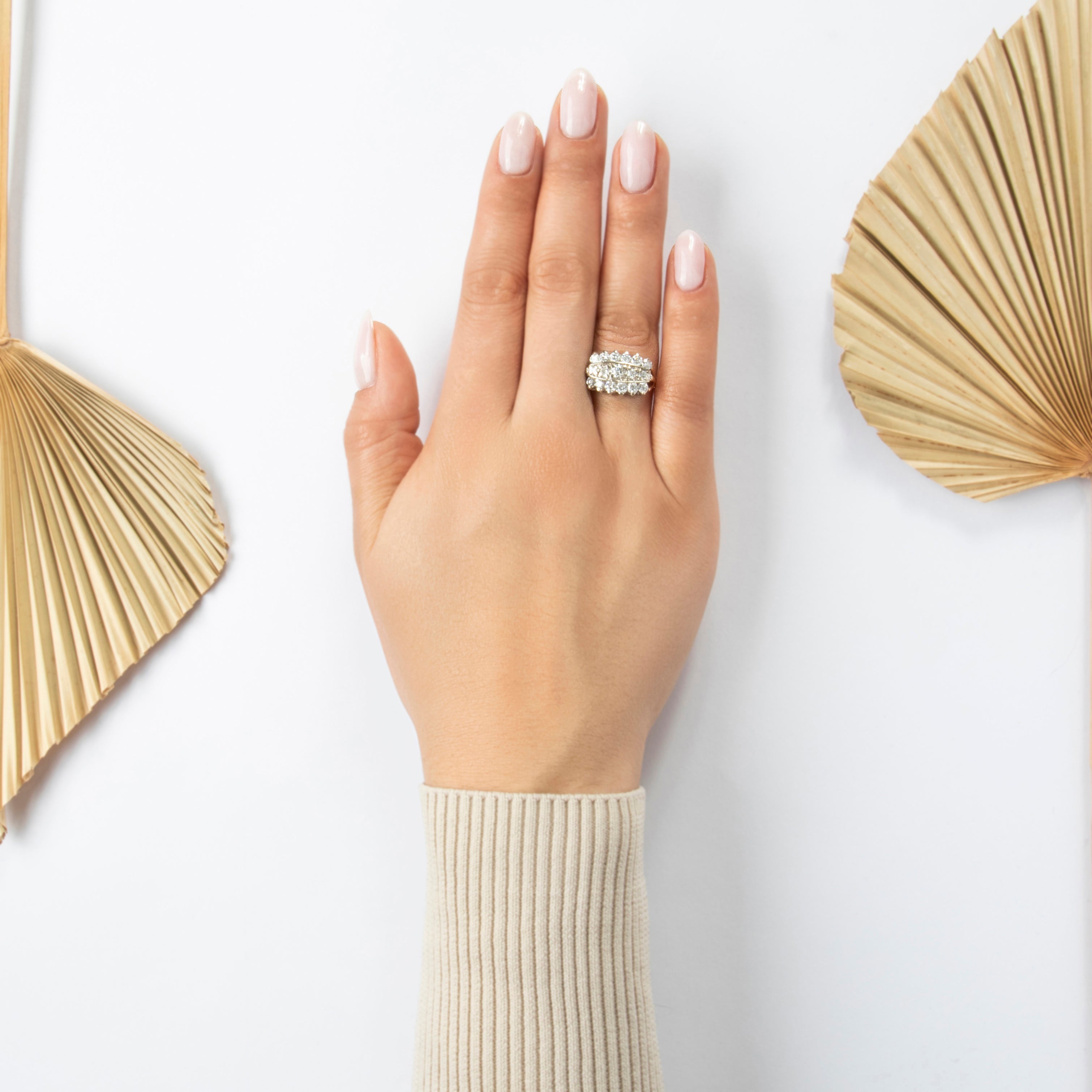 Vintage 14k Yellow & White Gold 1.376cttw Diamond Bold Triple Line Ring - On model view