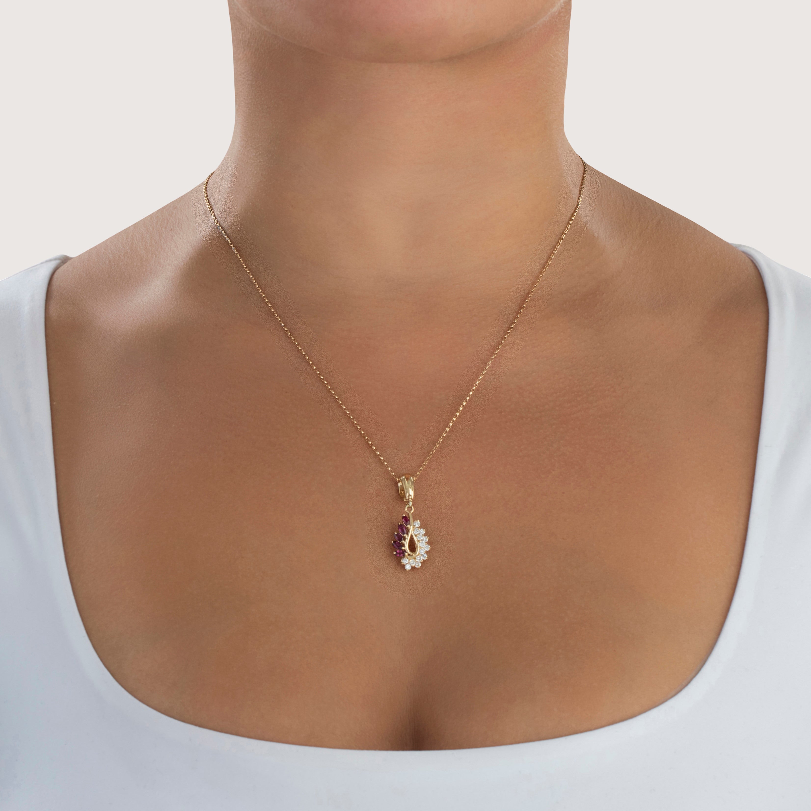 Vintage 14k Yellow Gold Ruby .378cttw Diamond Sparkling Teardrop Waterfall Pendant - On model view