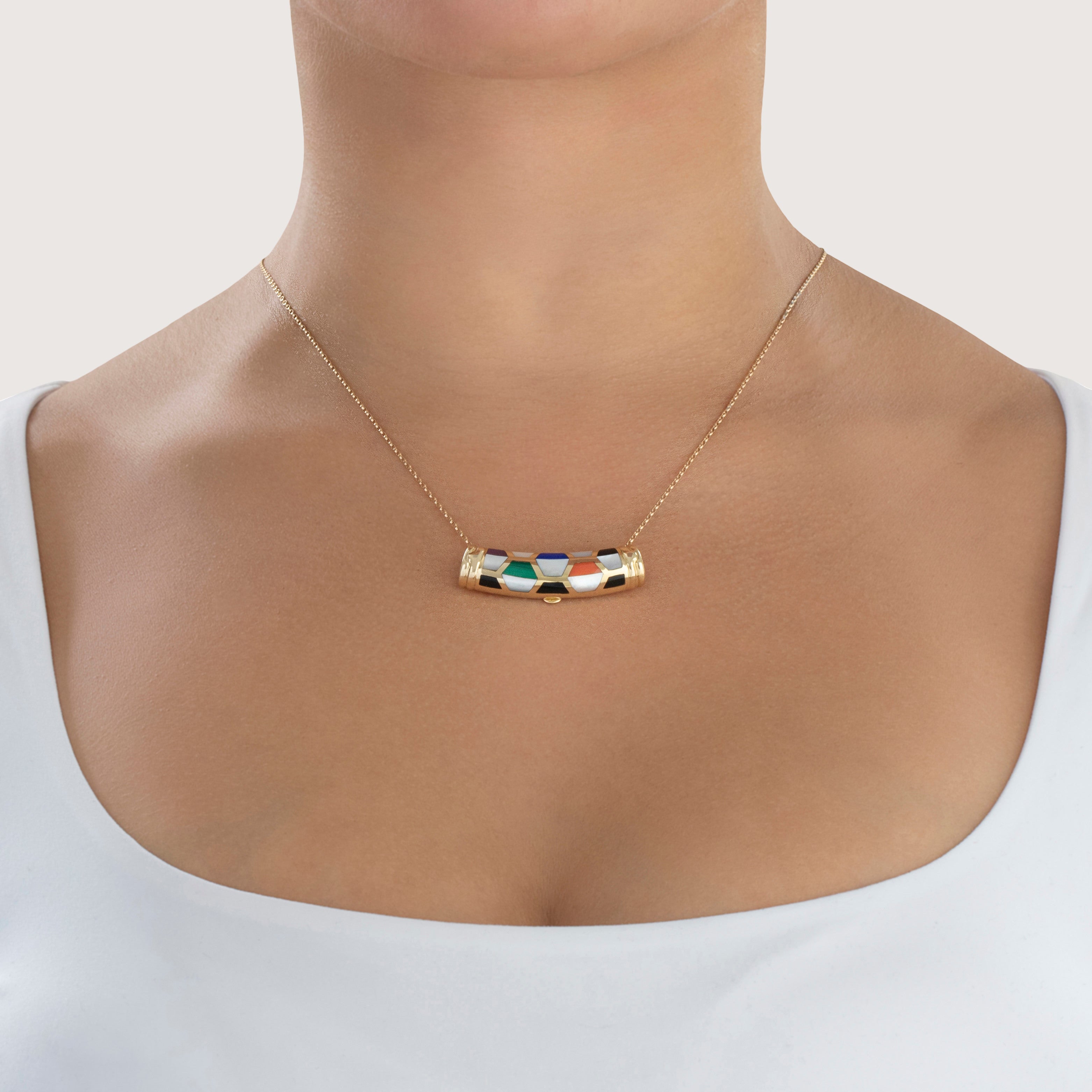 Vintage Asch Grossbardt 14k Yellow Gold Mother Of Pearl Onyx Tile Slide Pendant - On model view