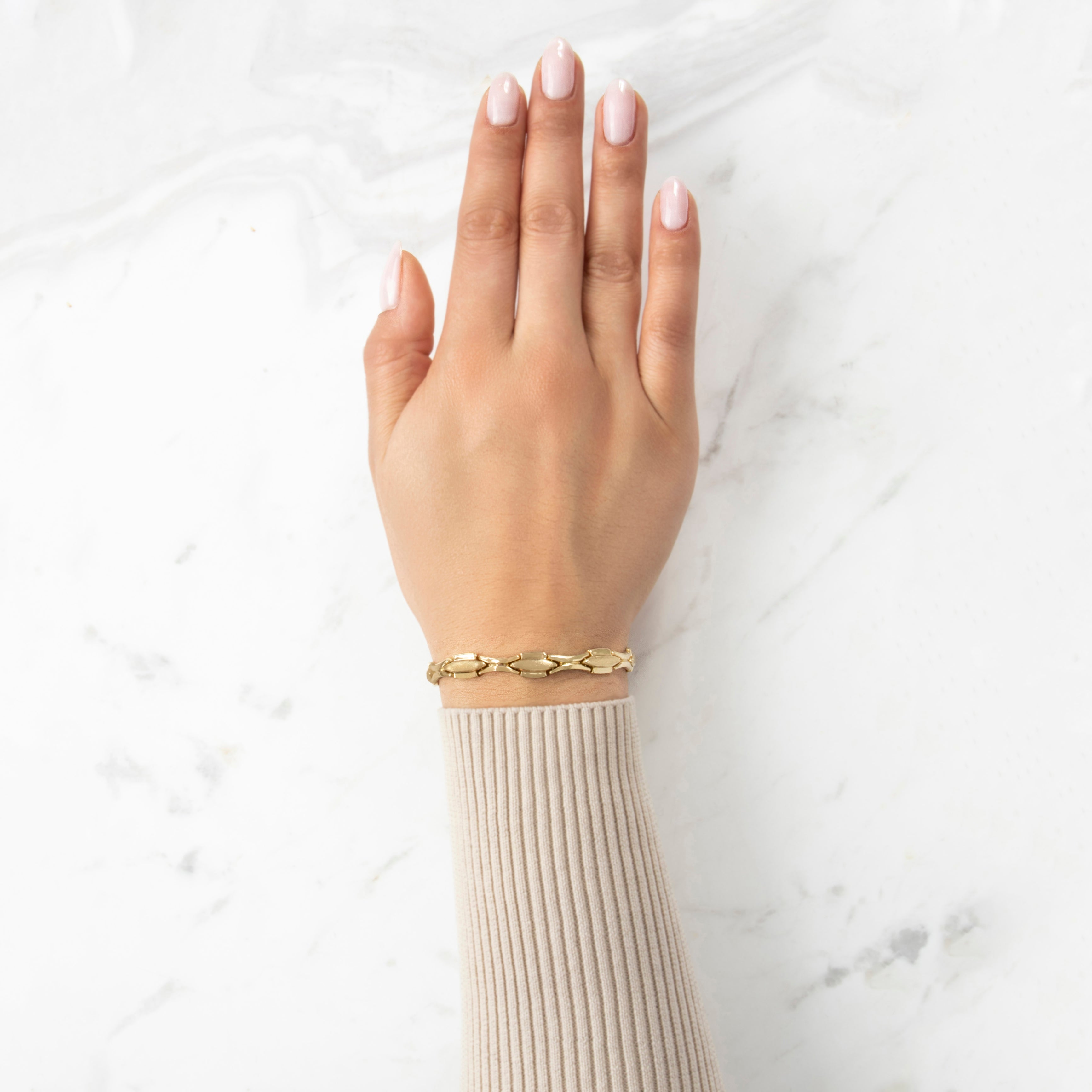 Vintage 14k Yellow Gold Sleek Brushed Navette Chain Bracelet - On model view