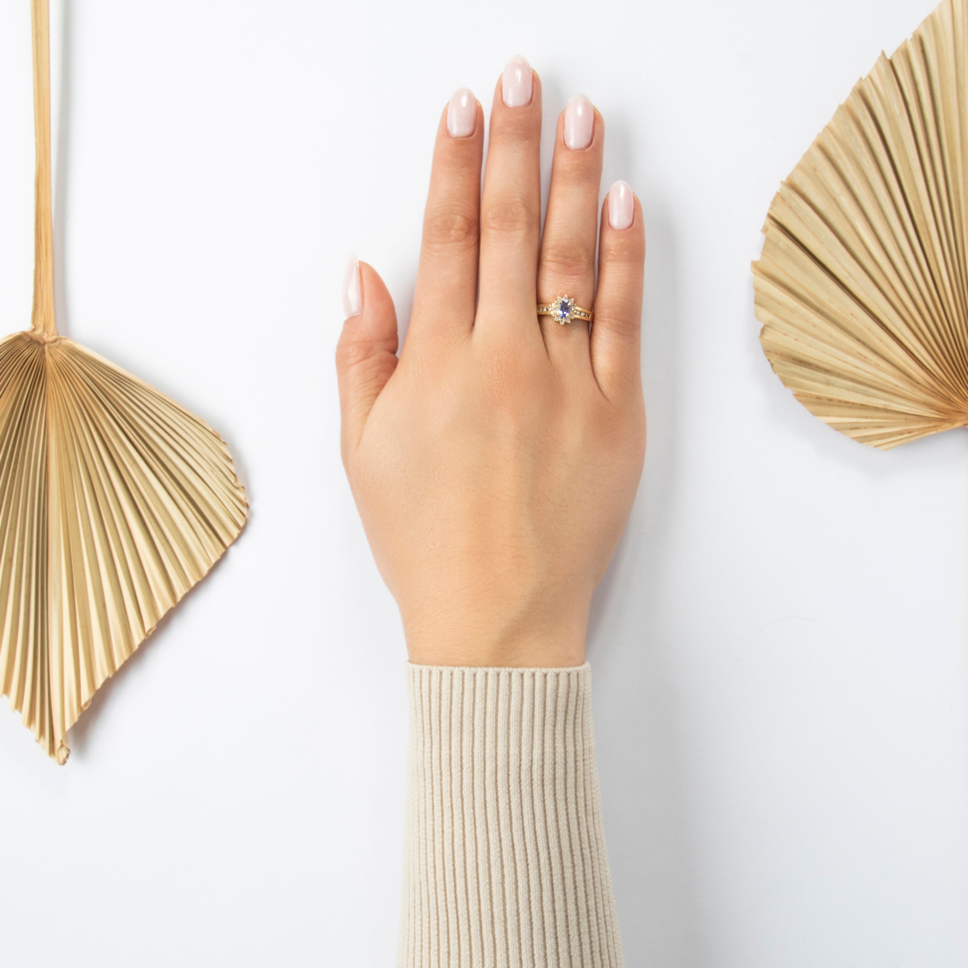 Vintage 14k Yellow Gold Tanzanite Diamond Pretty Channel-Set Shoulder Ring - On model view