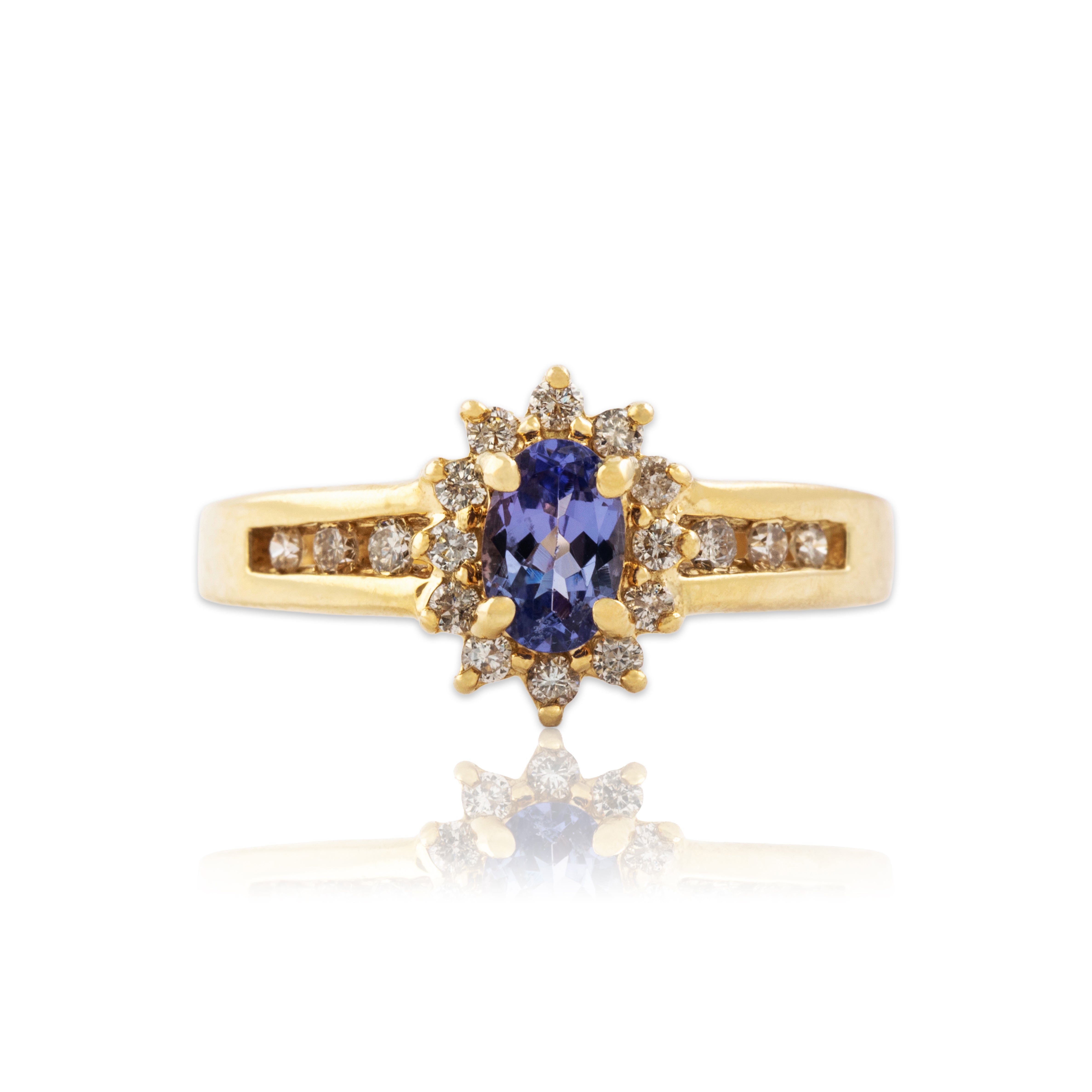 Vintage 14k Yellow Gold Tanzanite Diamond Pretty Halo Ring 7.00