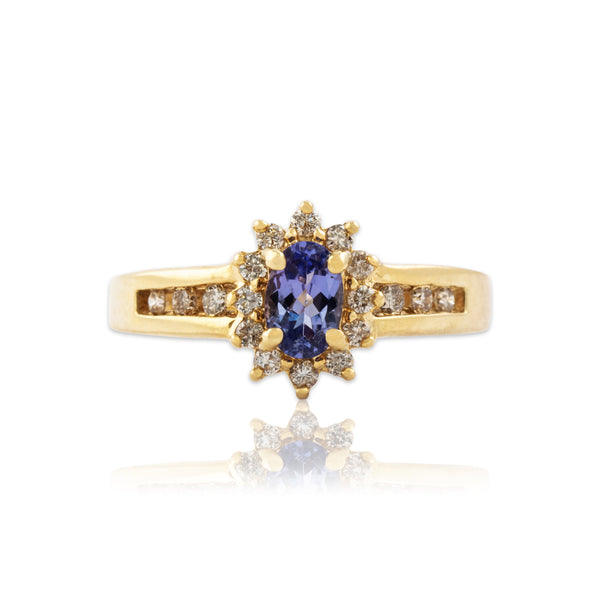 Vintage 14k Yellow Gold Tanzanite Diamond Pretty Halo Ring 7.00