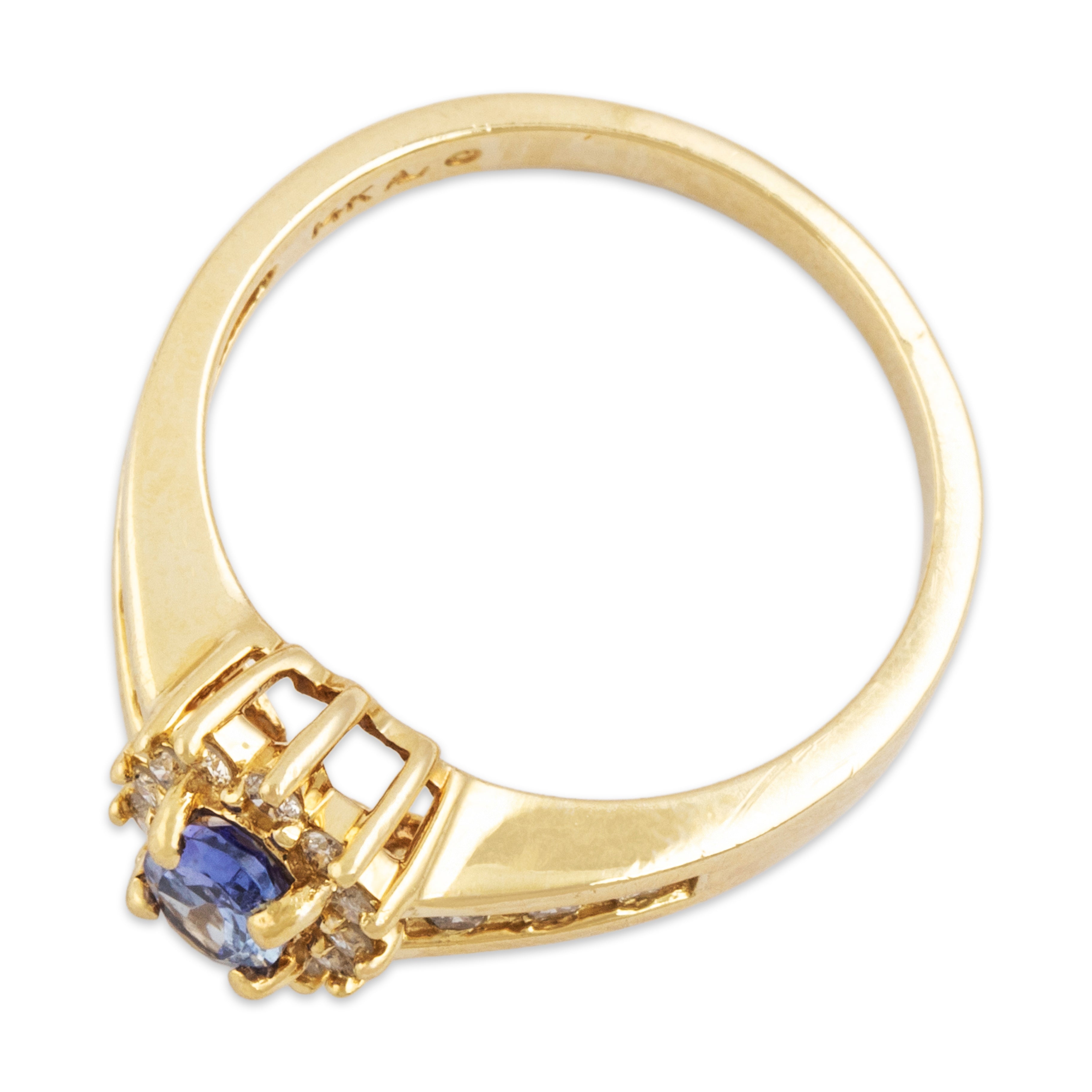 Vintage 14k Yellow Gold Tanzanite Diamond Pretty Channel-Set Shoulder Ring - Overall view