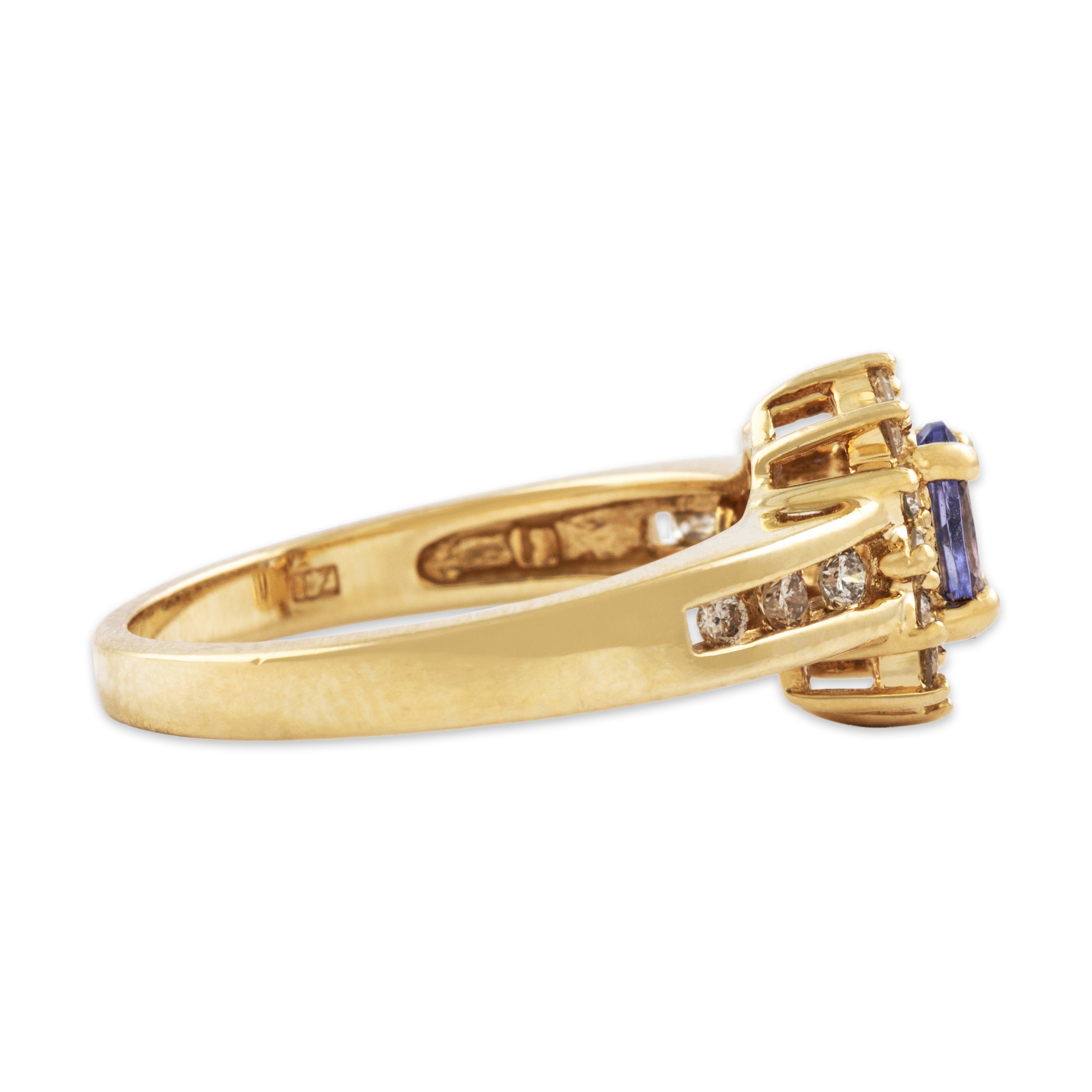 Vintage 14k Yellow Gold Tanzanite Diamond Pretty Channel-Set Shoulder Ring - Side view