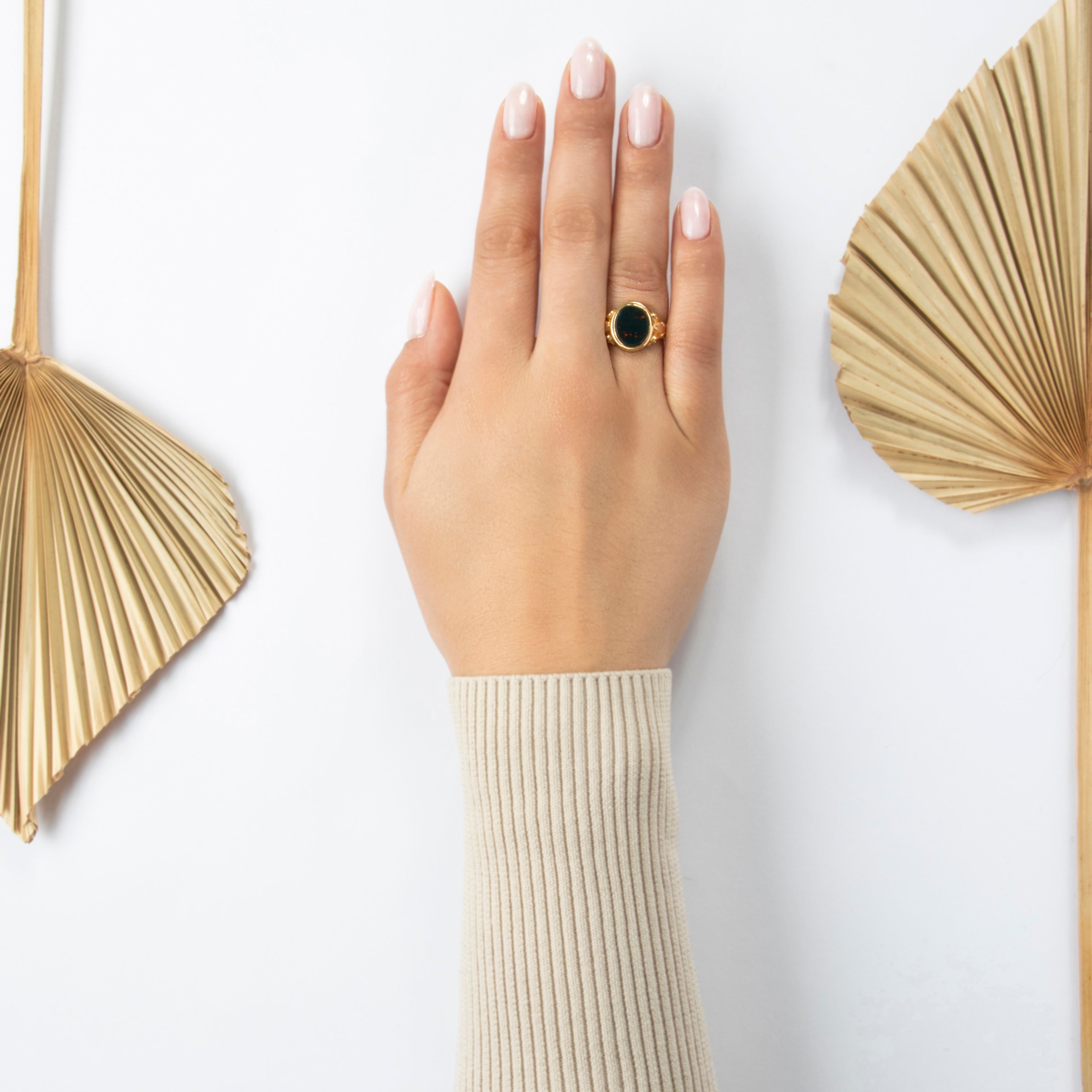 Antique Victorian English 18k Yellow Gold 2.56ct Bloodstone Signet Ring - On model view