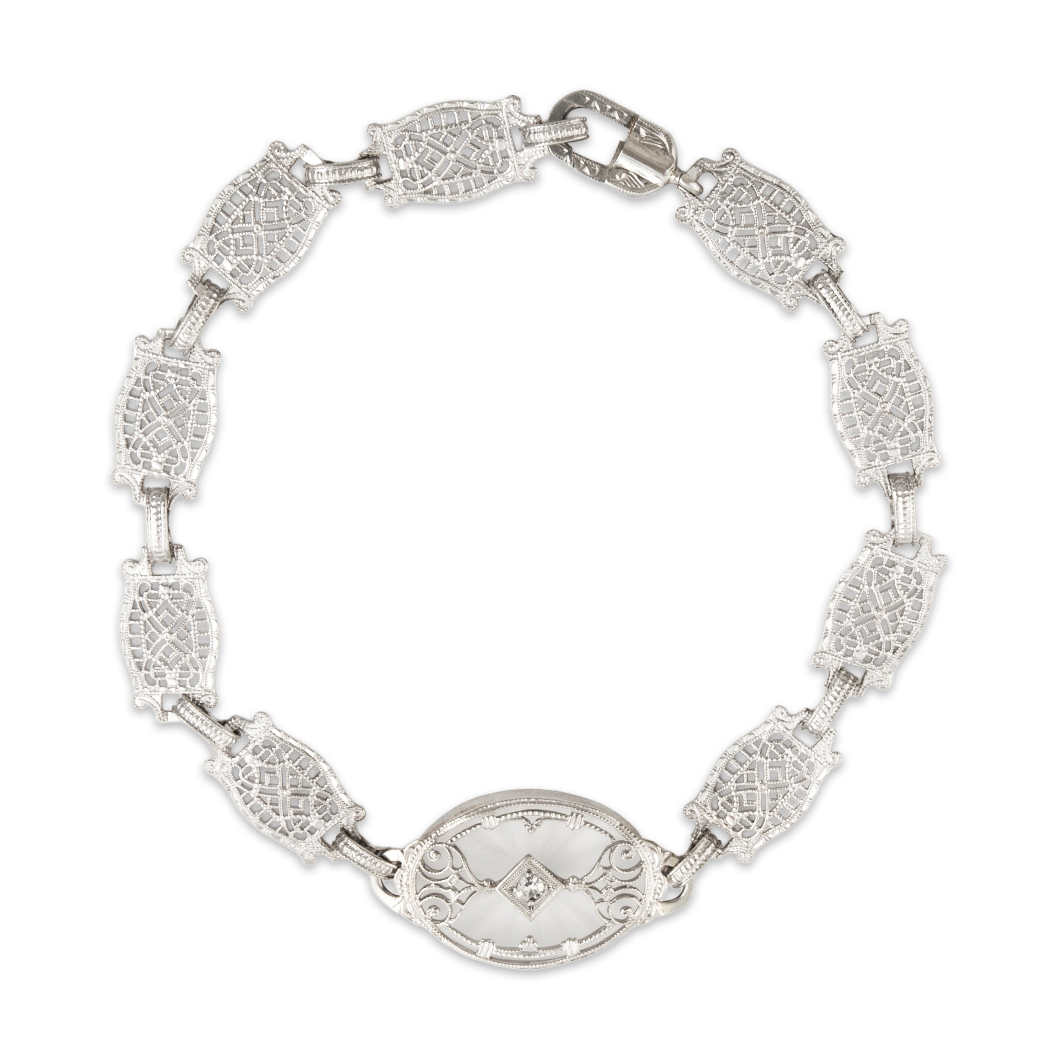 Antique Art Deco 10k White Gold Camphor Glass Diamond Pierced Bracelet - Overall view