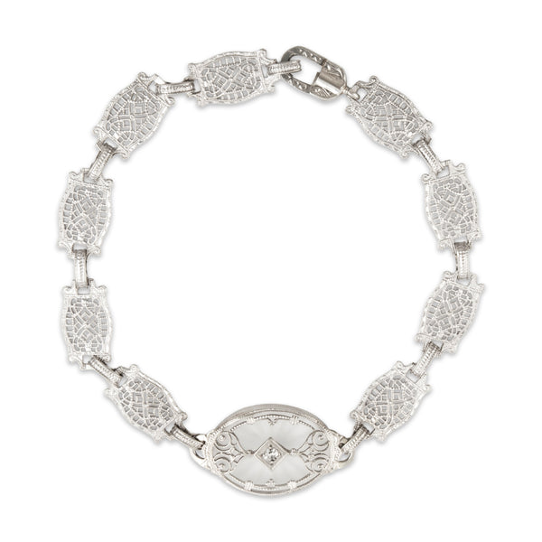 Antique Art Deco 10k White Gold Camphor Glass Diamond Pierced Bracelet 7