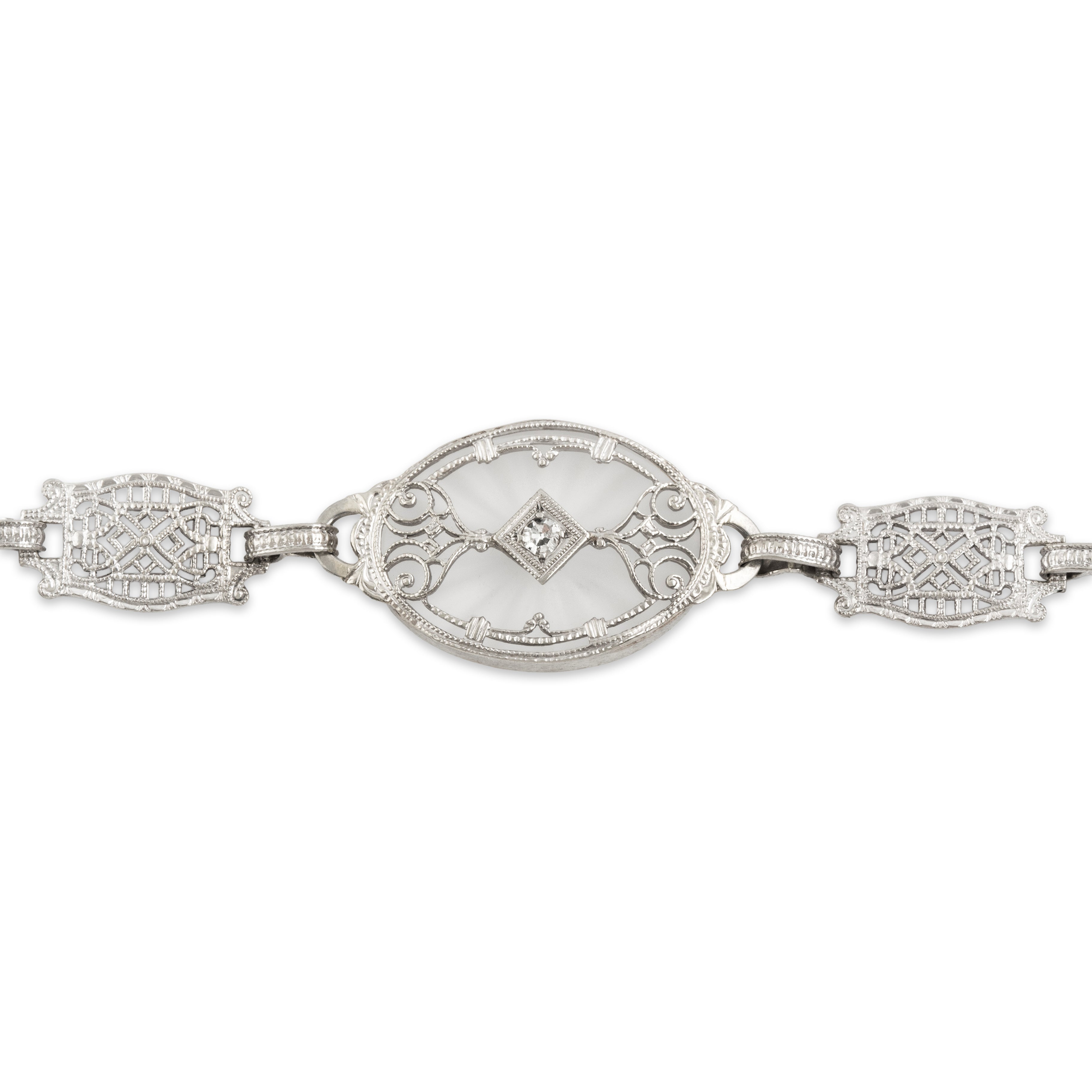 Antique Art Deco 10k White Gold Camphor Glass Diamond Pierced Bracelet - Close-up view