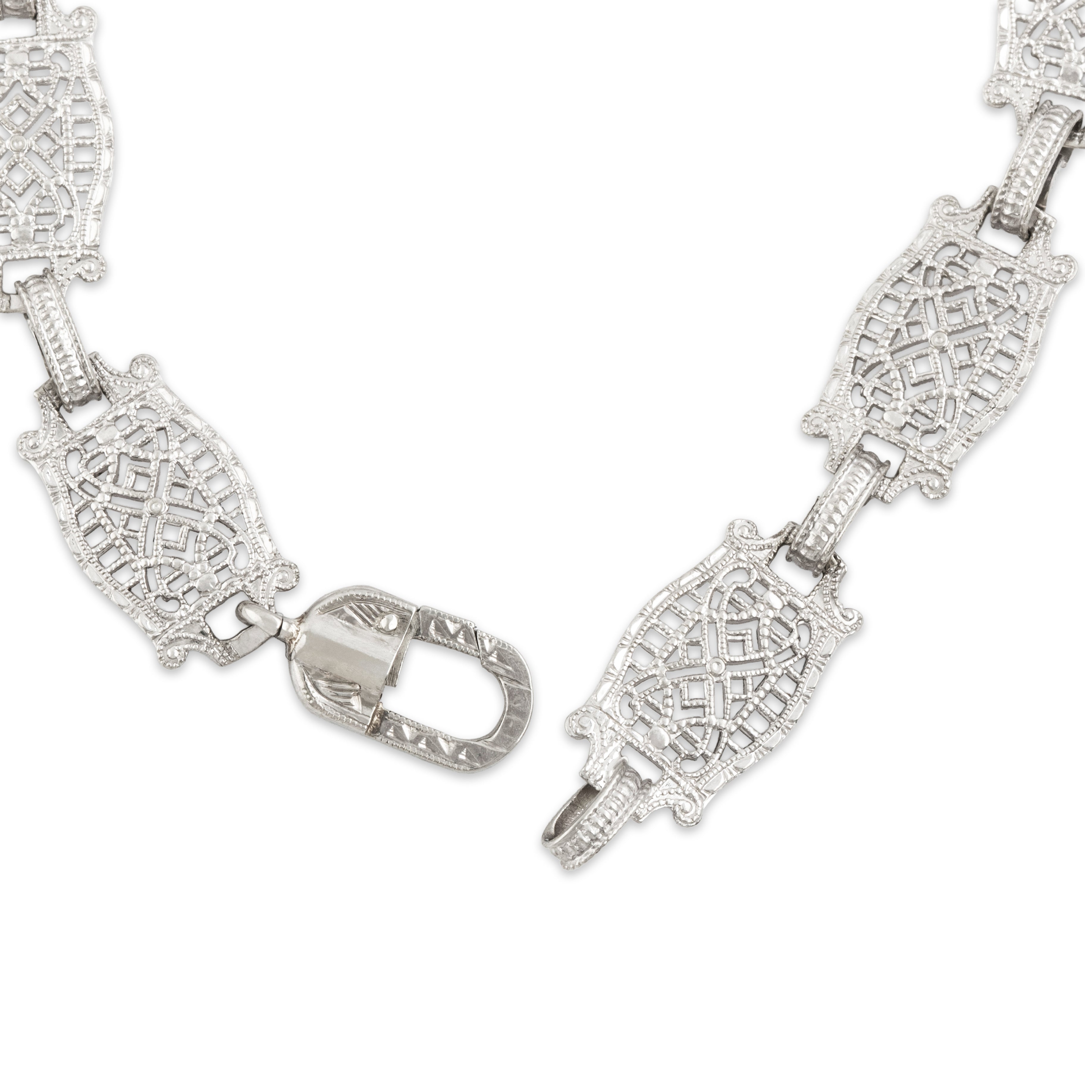 Antique Art Deco 10k White Gold Camphor Glass Diamond Pierced Bracelet - clasp view