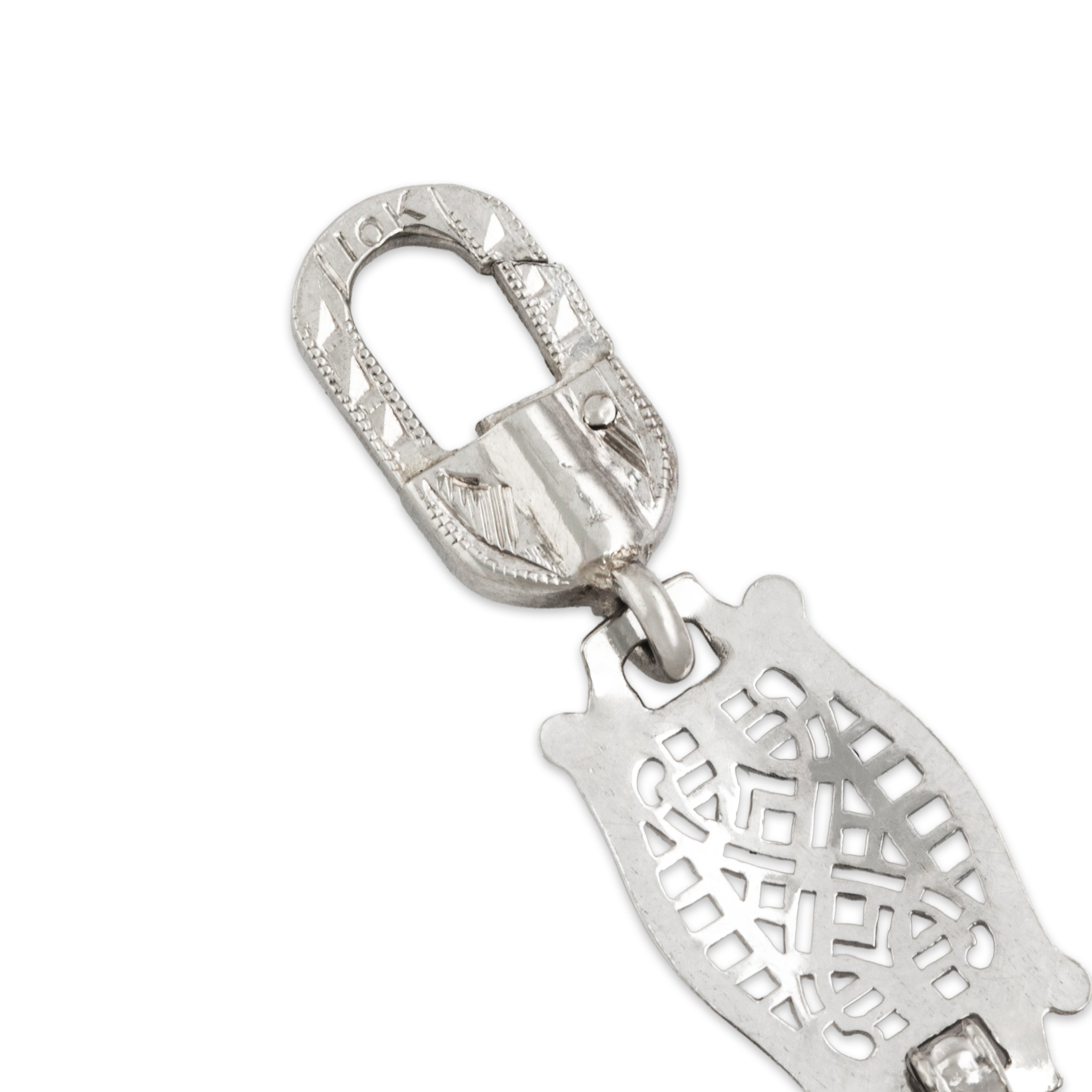 Antique Art Deco 10k White Gold Camphor Glass Diamond Pierced Bracelet - Hallmark view