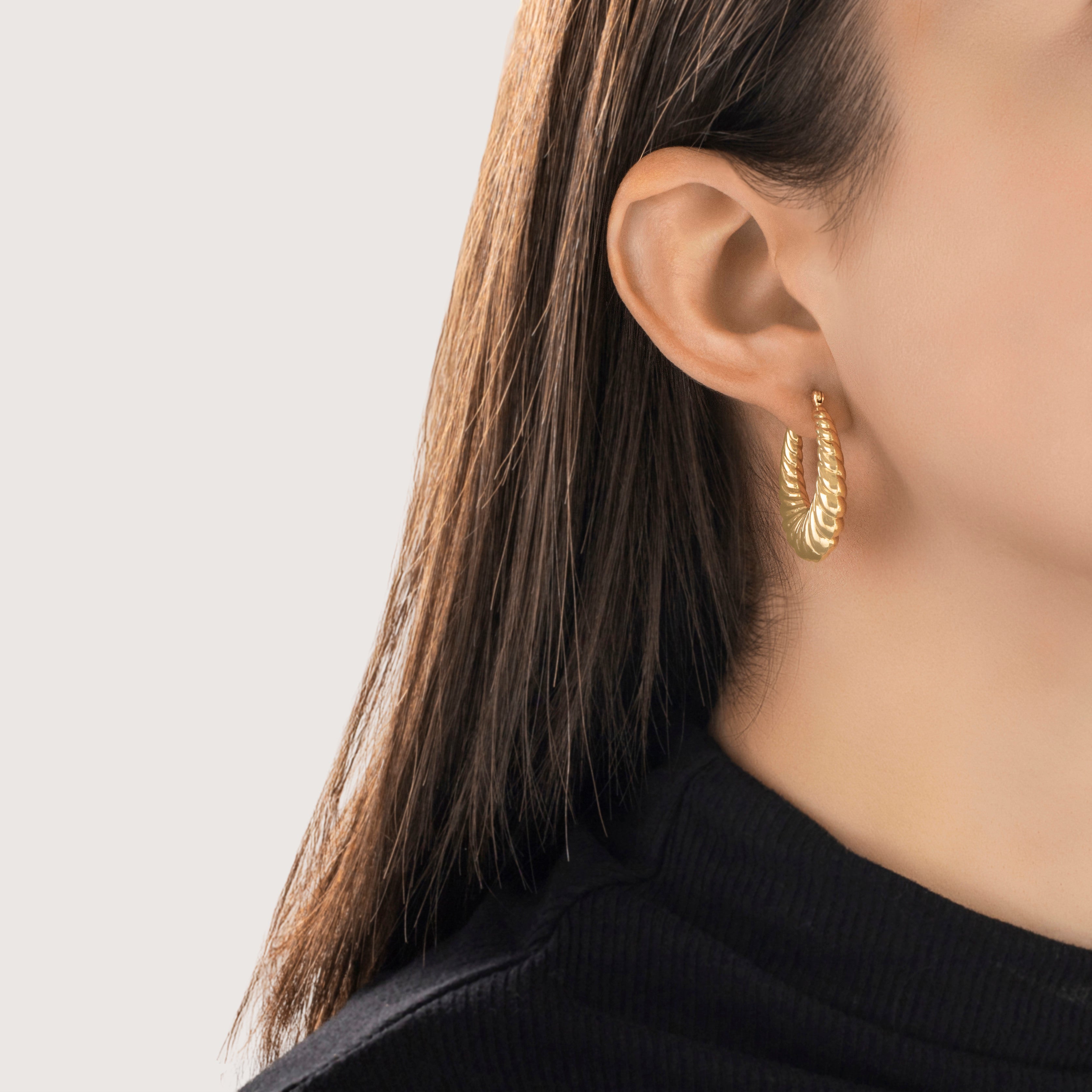 Vintage 14k Yellow Gold Twisted Puffy Rope Hoop Earrings - On model view