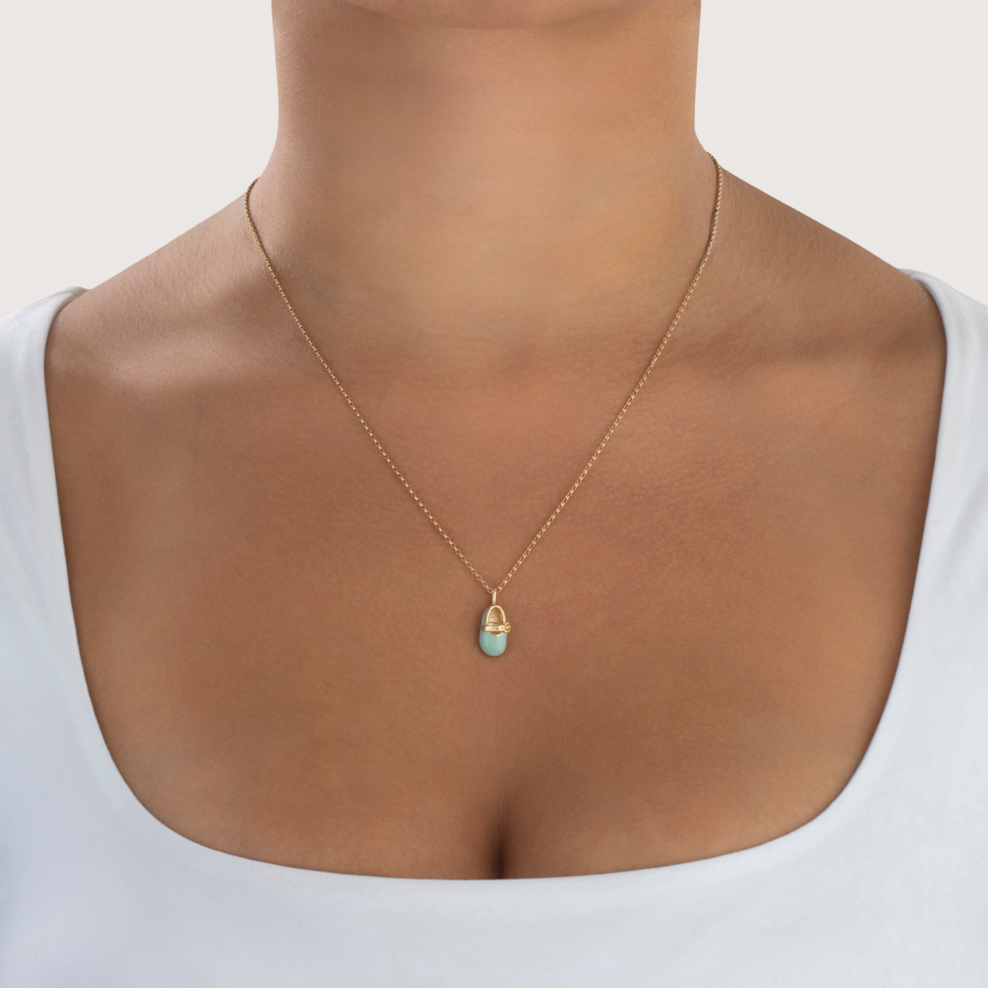 Vintage 10k Yellow Gold Light Blue Enamel Baby Shoe Charm / Pendant - On model view