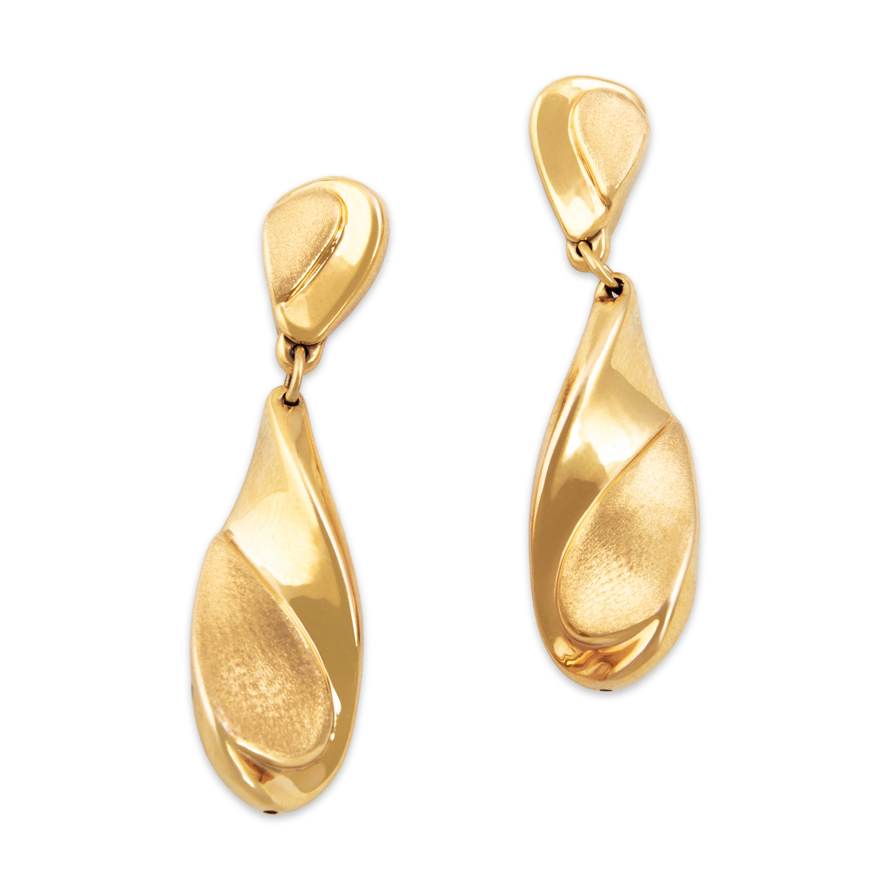 Vintage Italian 14k Yellow Gold Sculptural Brushed Teardrop Dangle Earrings - Close-up view