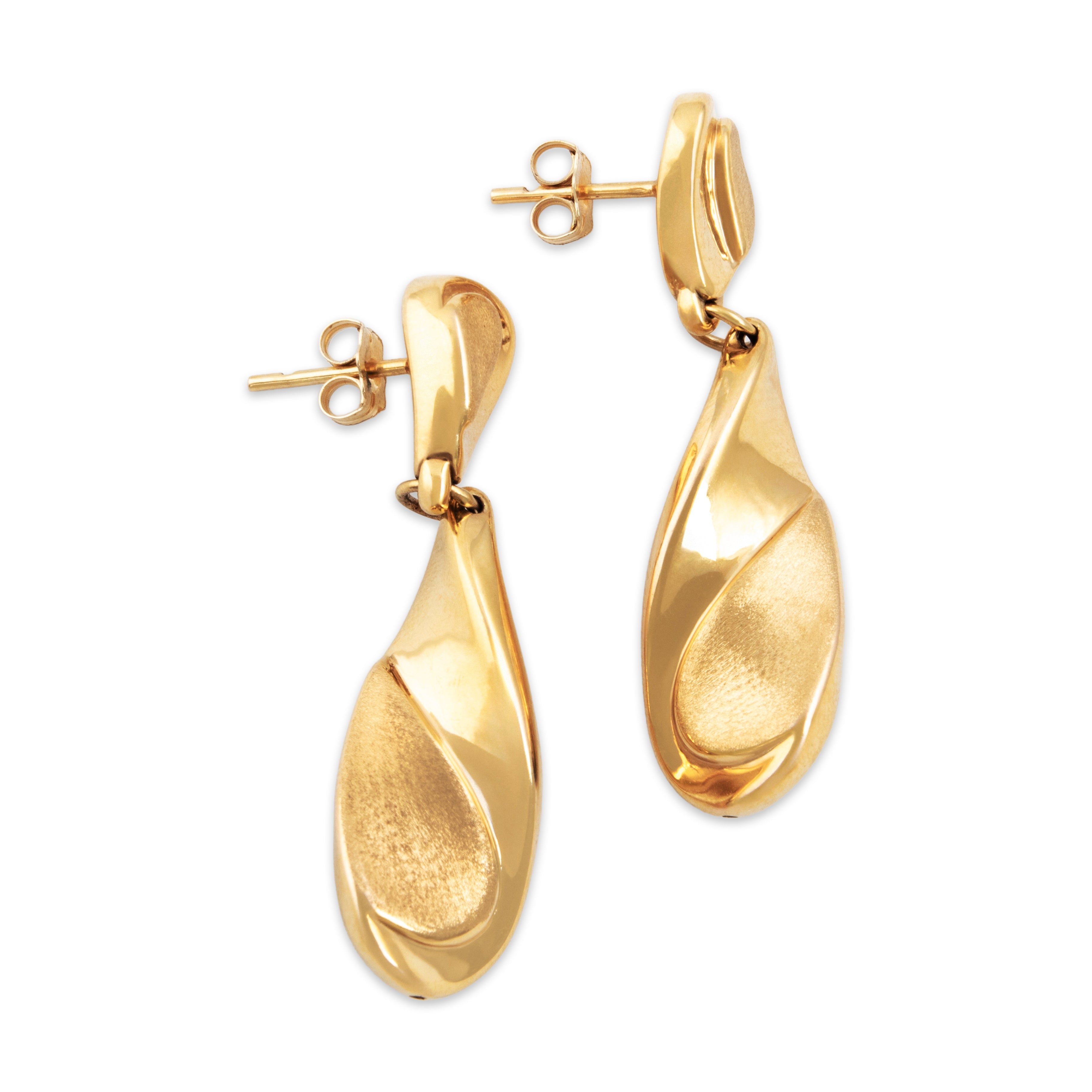 Vintage Italian 14k Yellow Gold Sculptural Brushed Teardrop Dangle Earrings -Side view